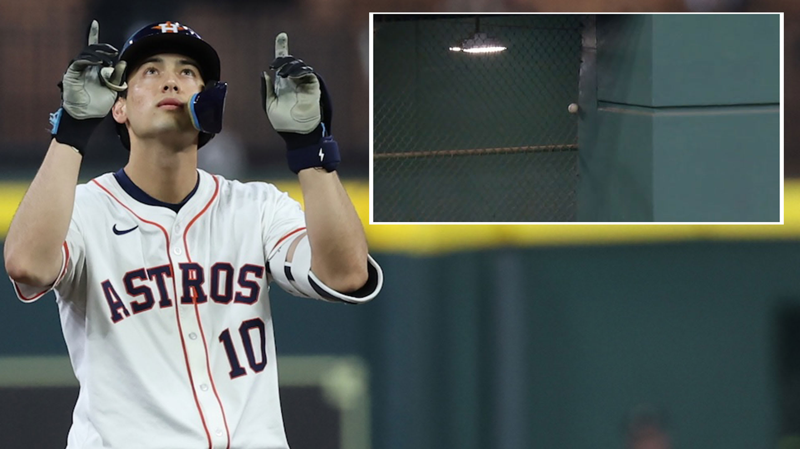 Shay Whitcomb's ball lodged into outfield fence