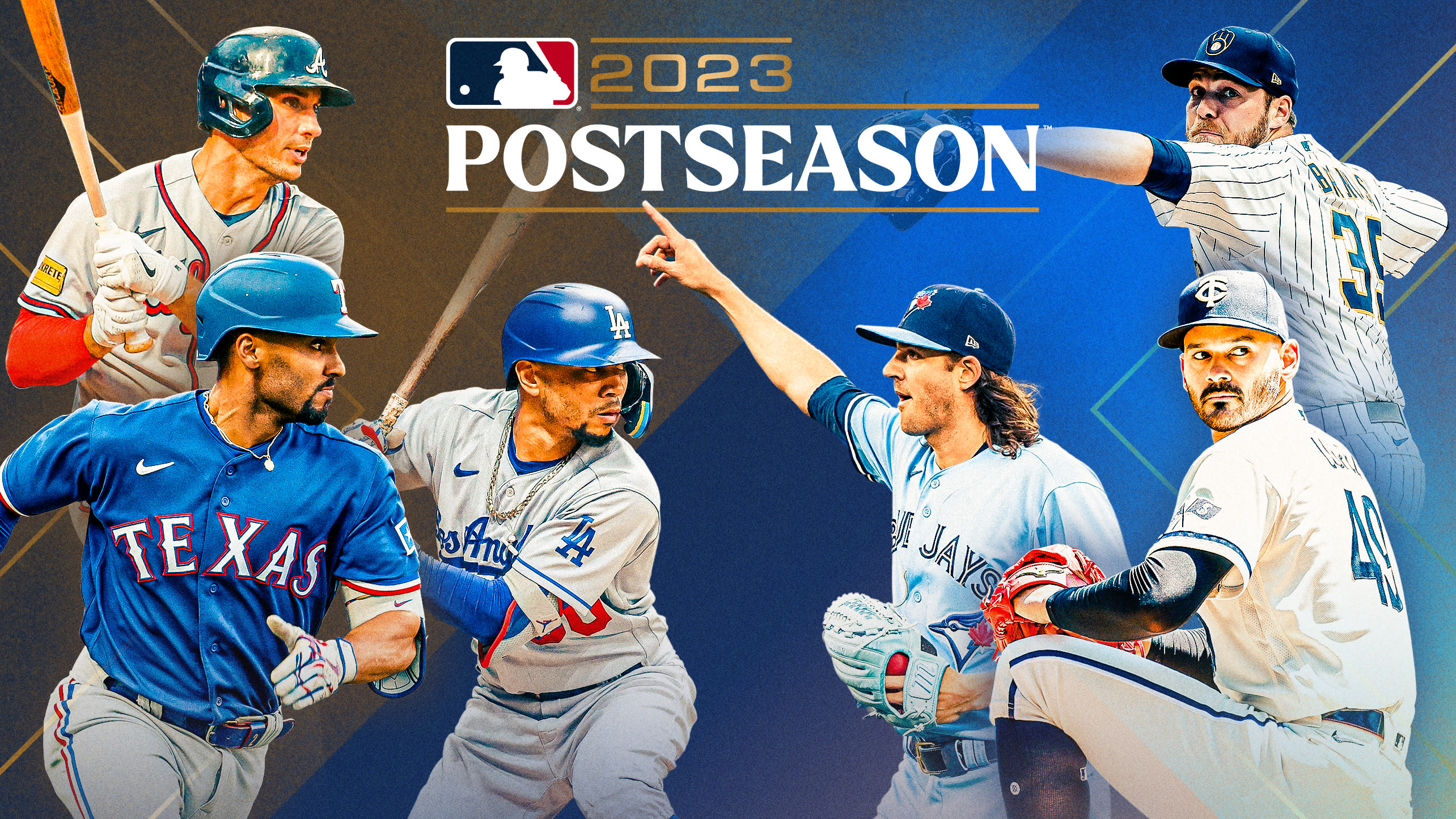 A photo illustration with hitters for the Braves, Rangers and Dodgers and pitchers for the Brewers, Blue Jays and Twins