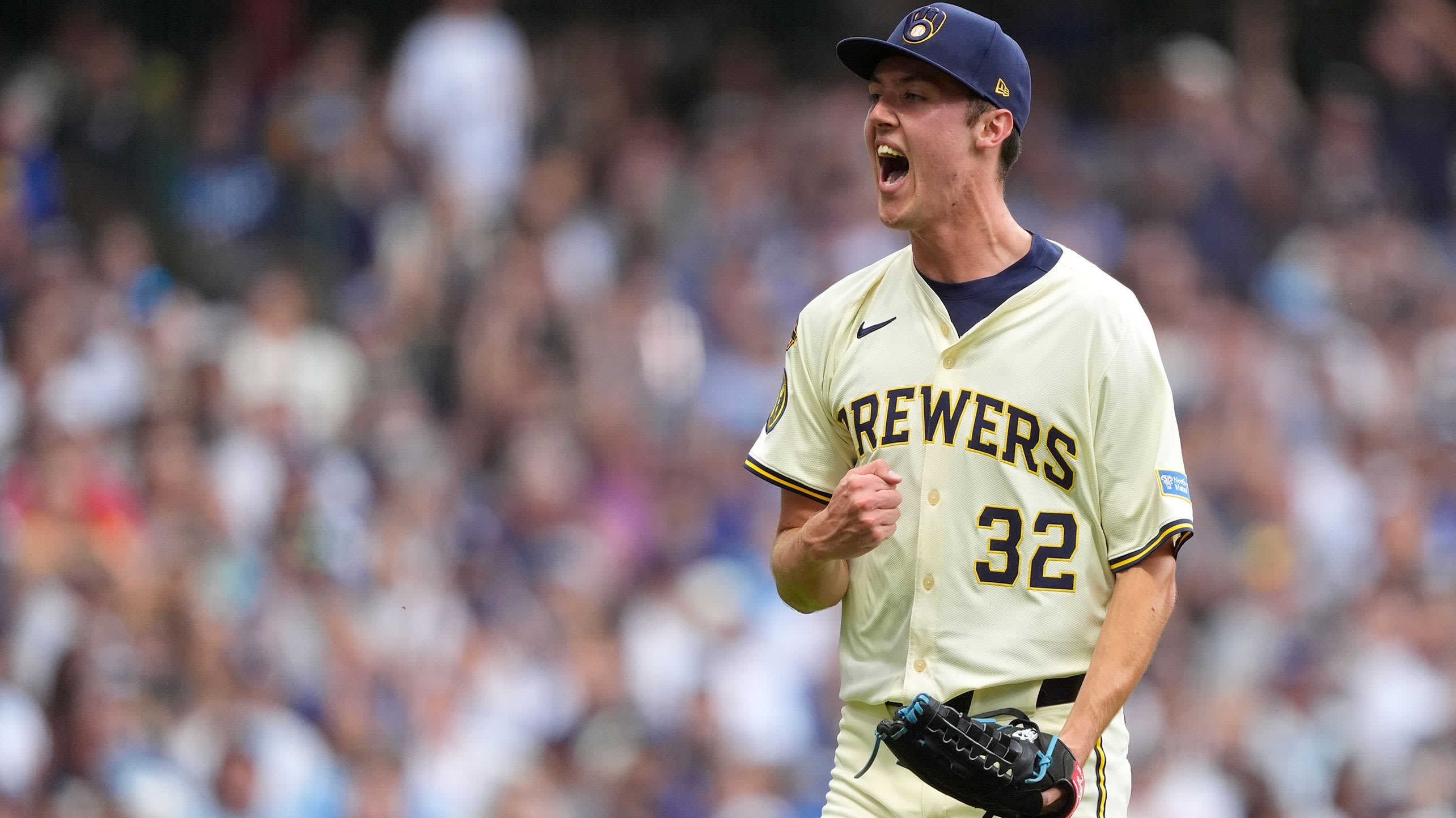 Jacob Misiorowski yells after a strikeout