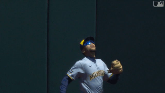 An animated GIF of Blake Perkins robbing a home run