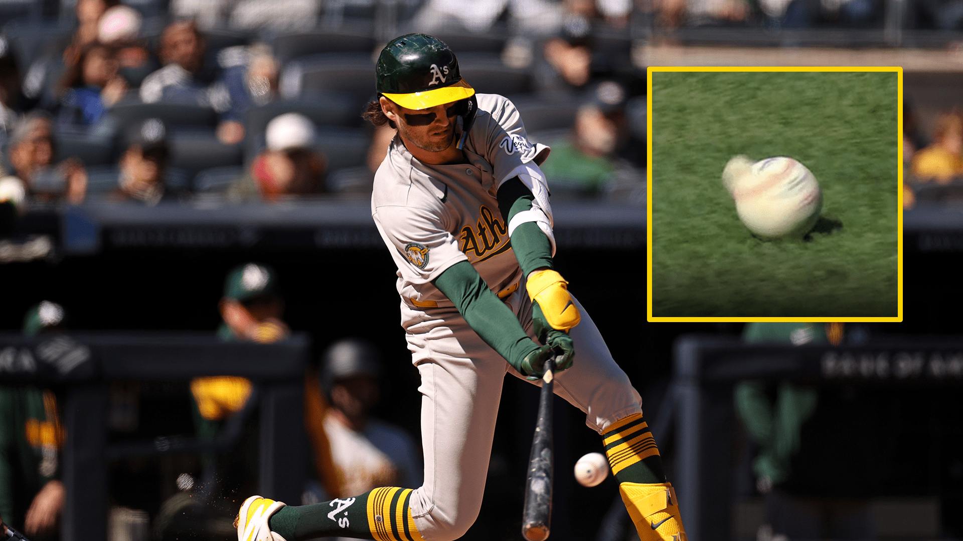 An image of Jacob Wilson hitting a ball with an inset of the ball with a part of the cover torn off