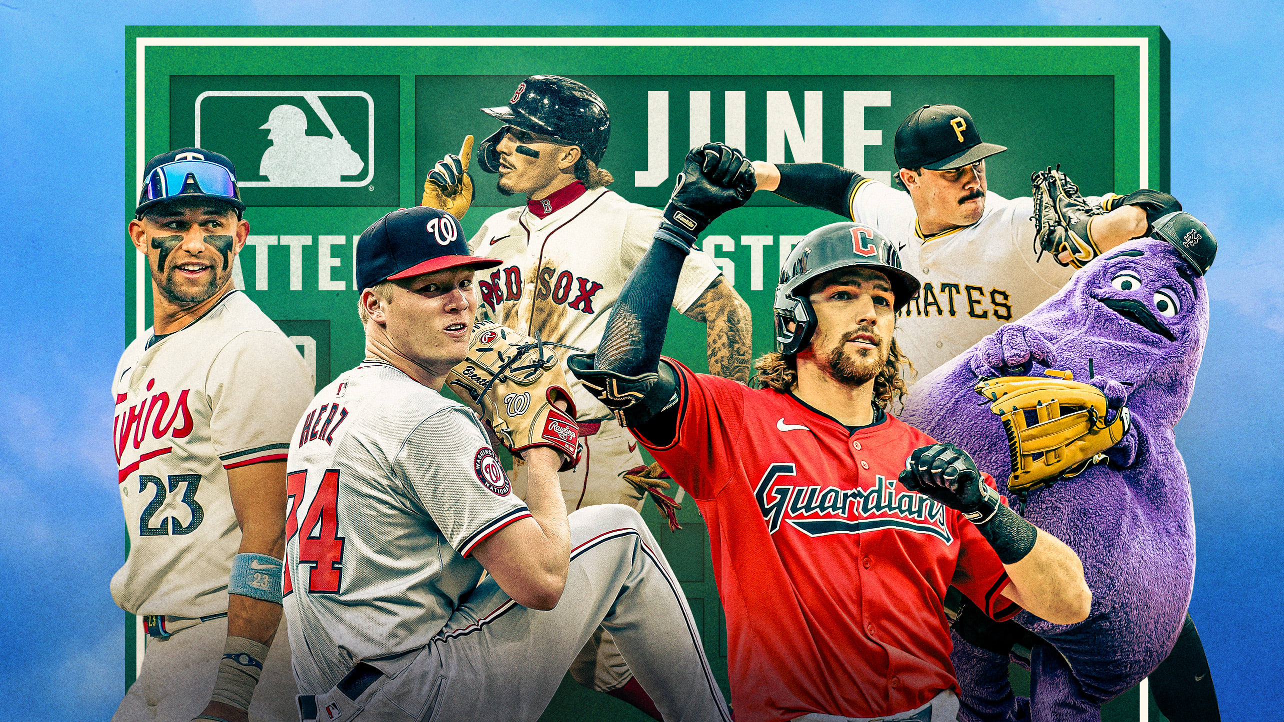 Royce Lewis, DJ Herz, Jarren Duran, Daniel Schneemann, Paul Skenes and Grimace