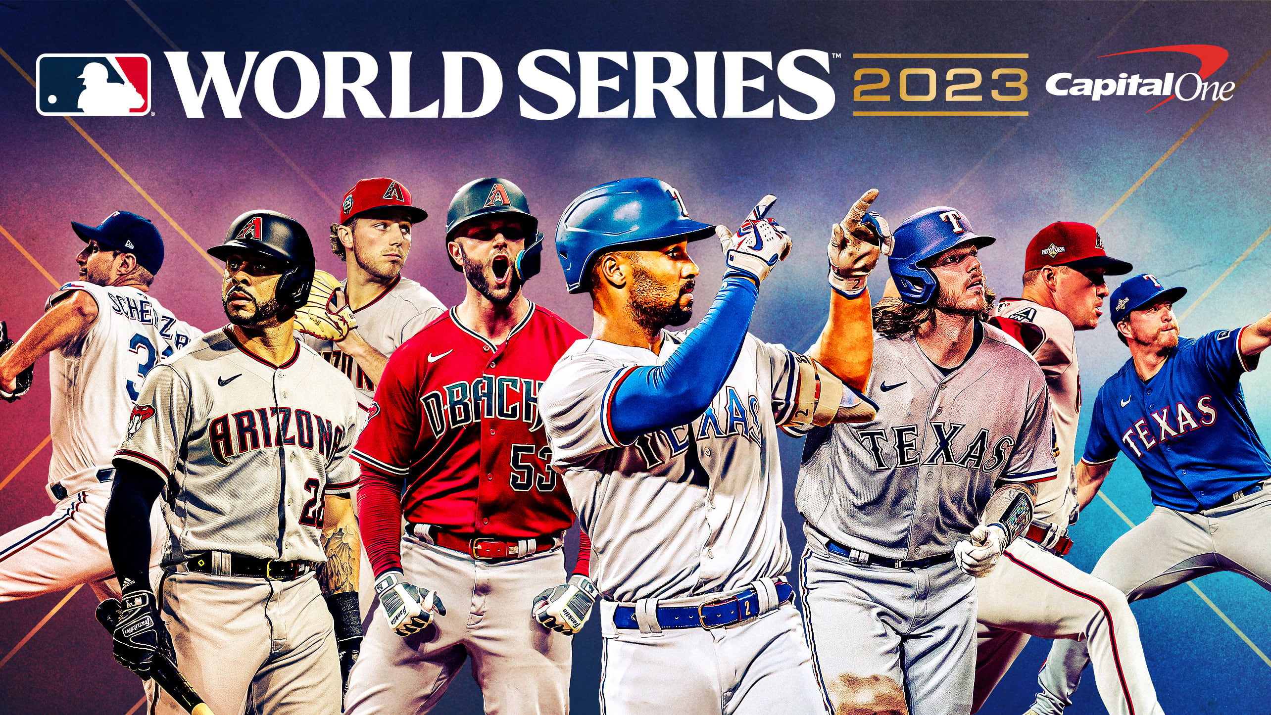 Eight players are pictured below the World Series logo.