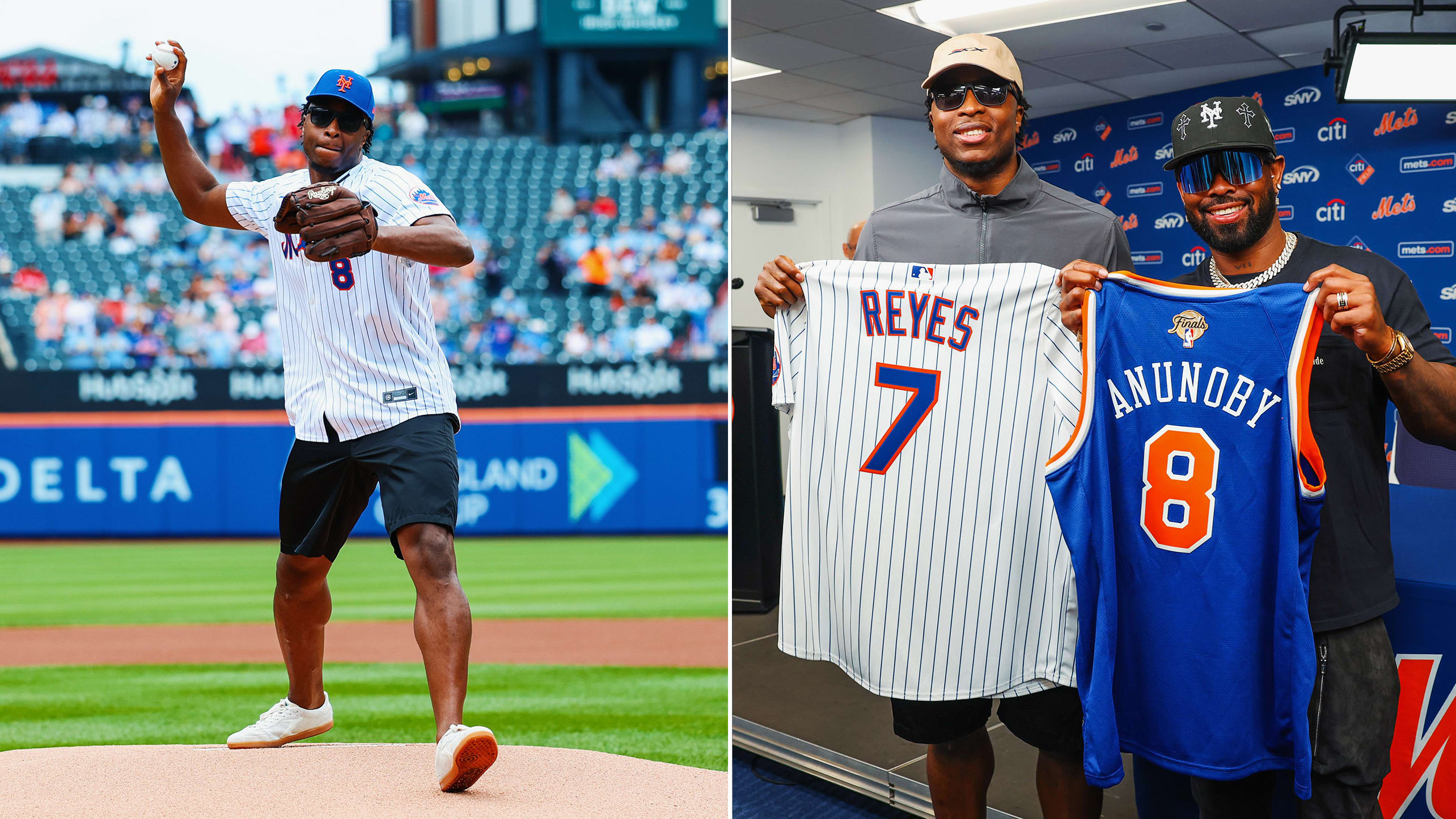 Images of OG Anunoby throwing a ceremonial first pitch and swapping jerseys with José Reyes 
