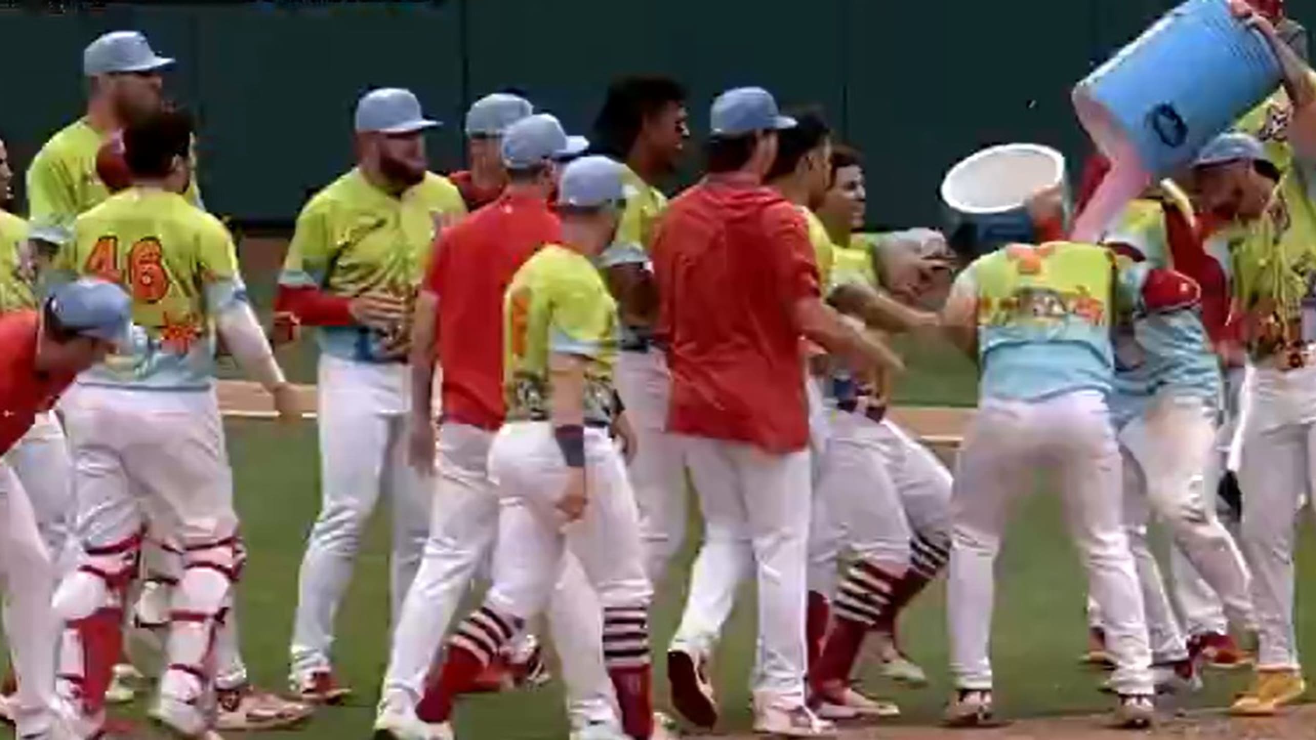 A Minor League team celebrates while wearing Scooby-Doo themed jerseys