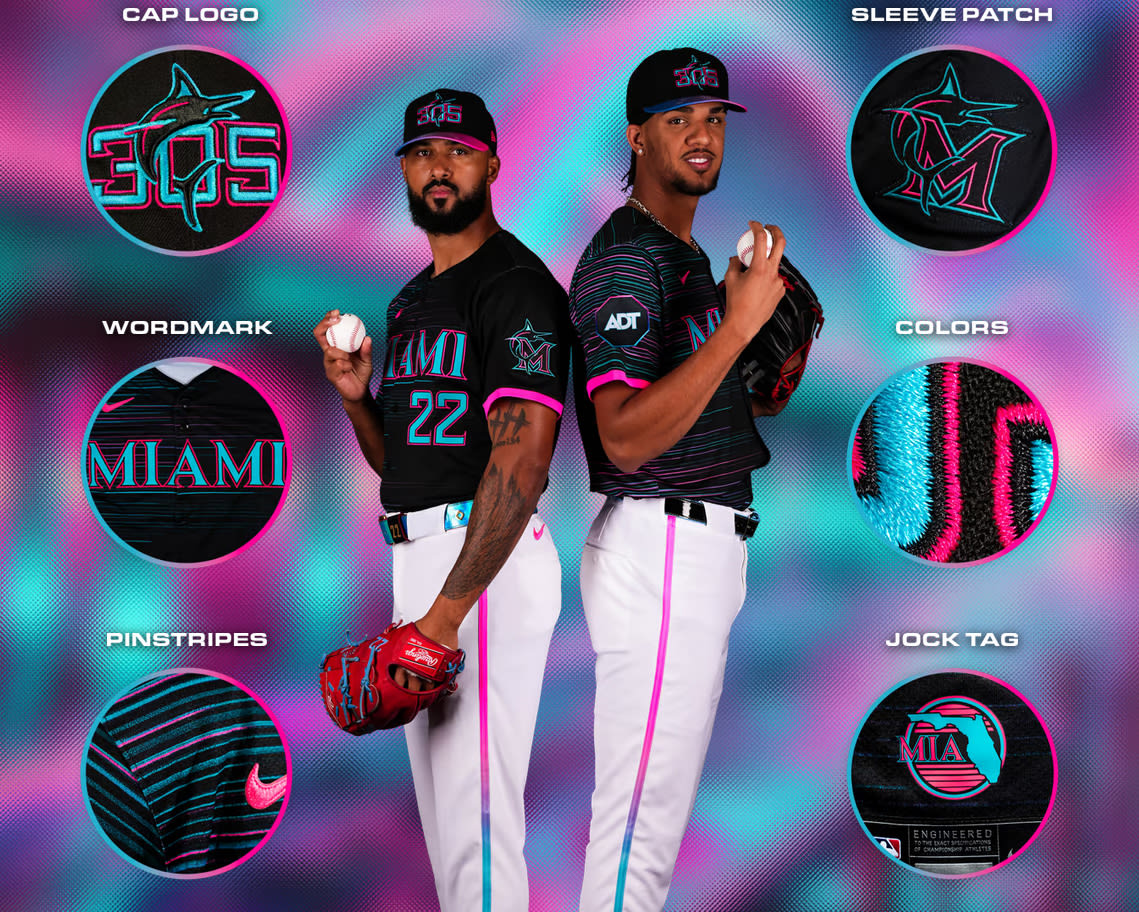 Sandy Alcantara and Eury Pérez model the Marlins' new City Connect uniforms