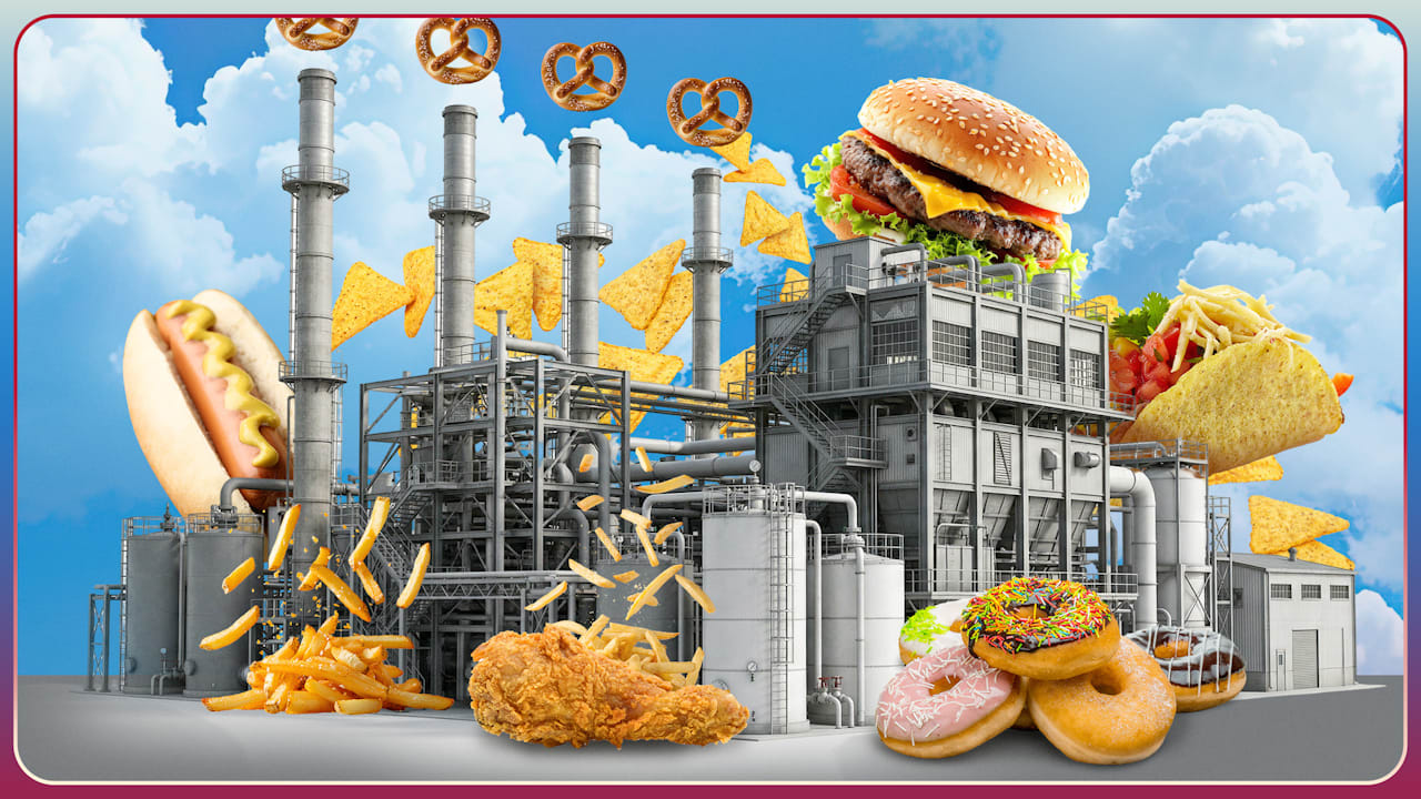 An illustration of a factory with various food items around it
