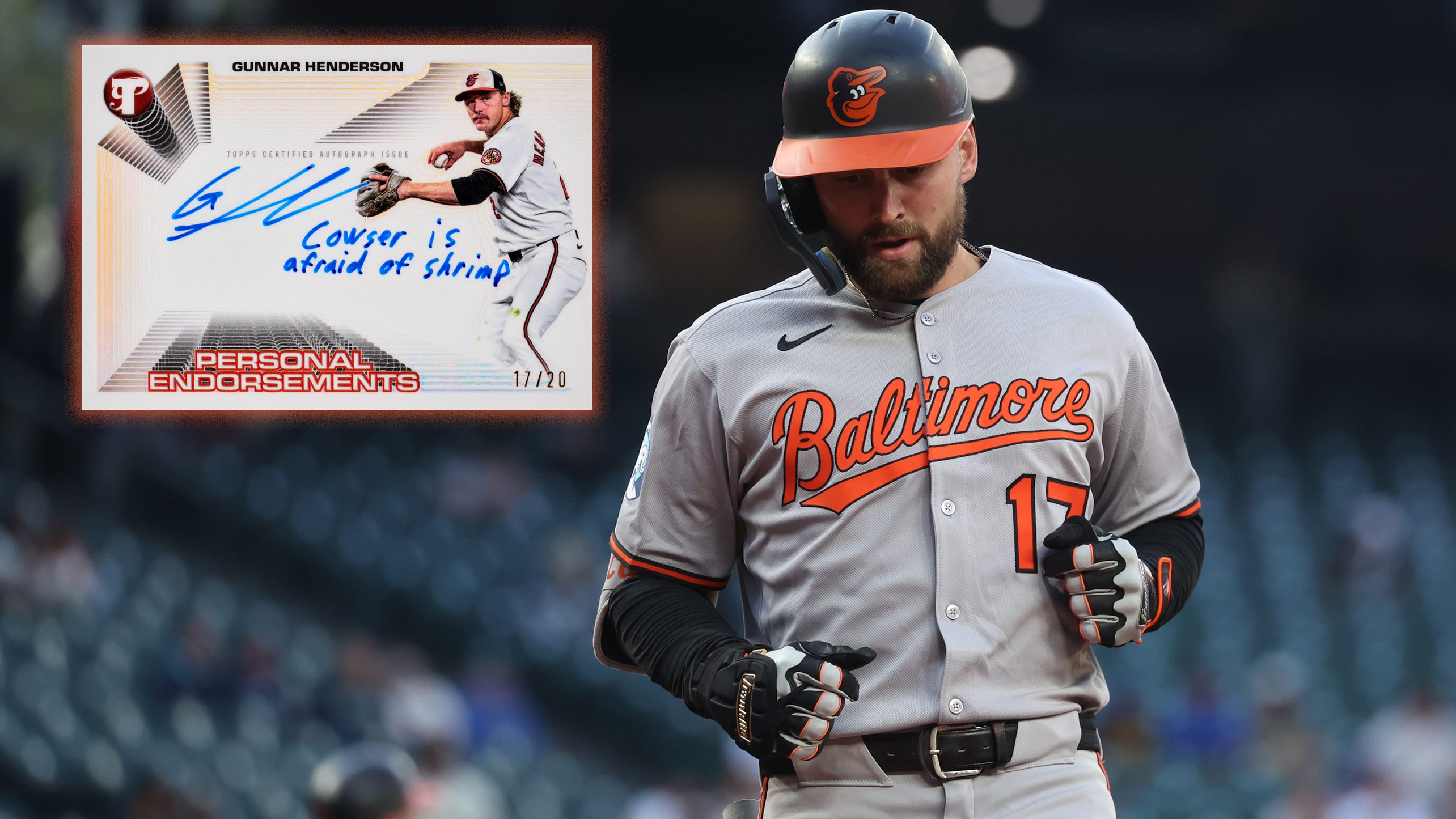 Colton Cowser touches the plate after a home run; an inset shows a Topps card signed by Gunnar Henderson