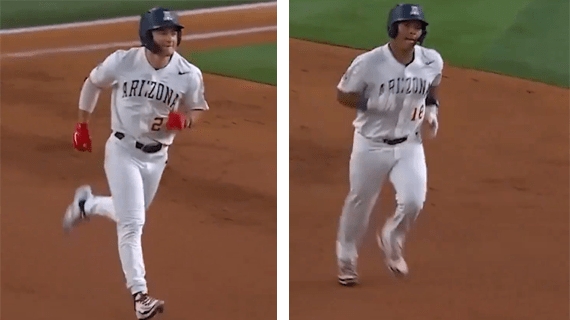 Screen grabs of University of Arizona players Mason White and Adonys Guzman rounding the bases