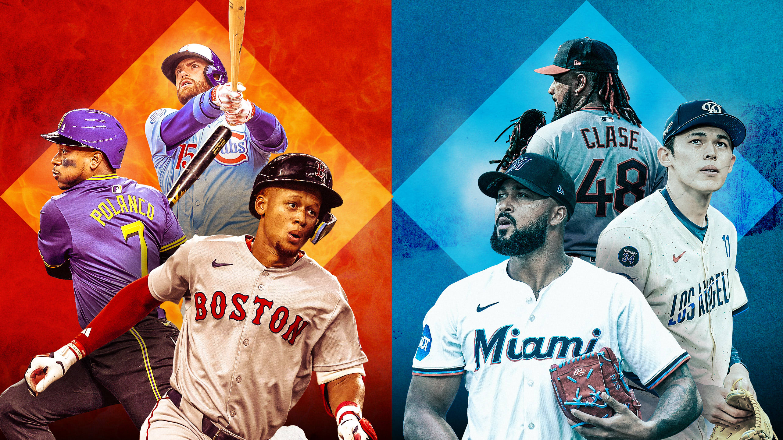 Action images of three players over a red-orange background alongside images of three other players against a blue background