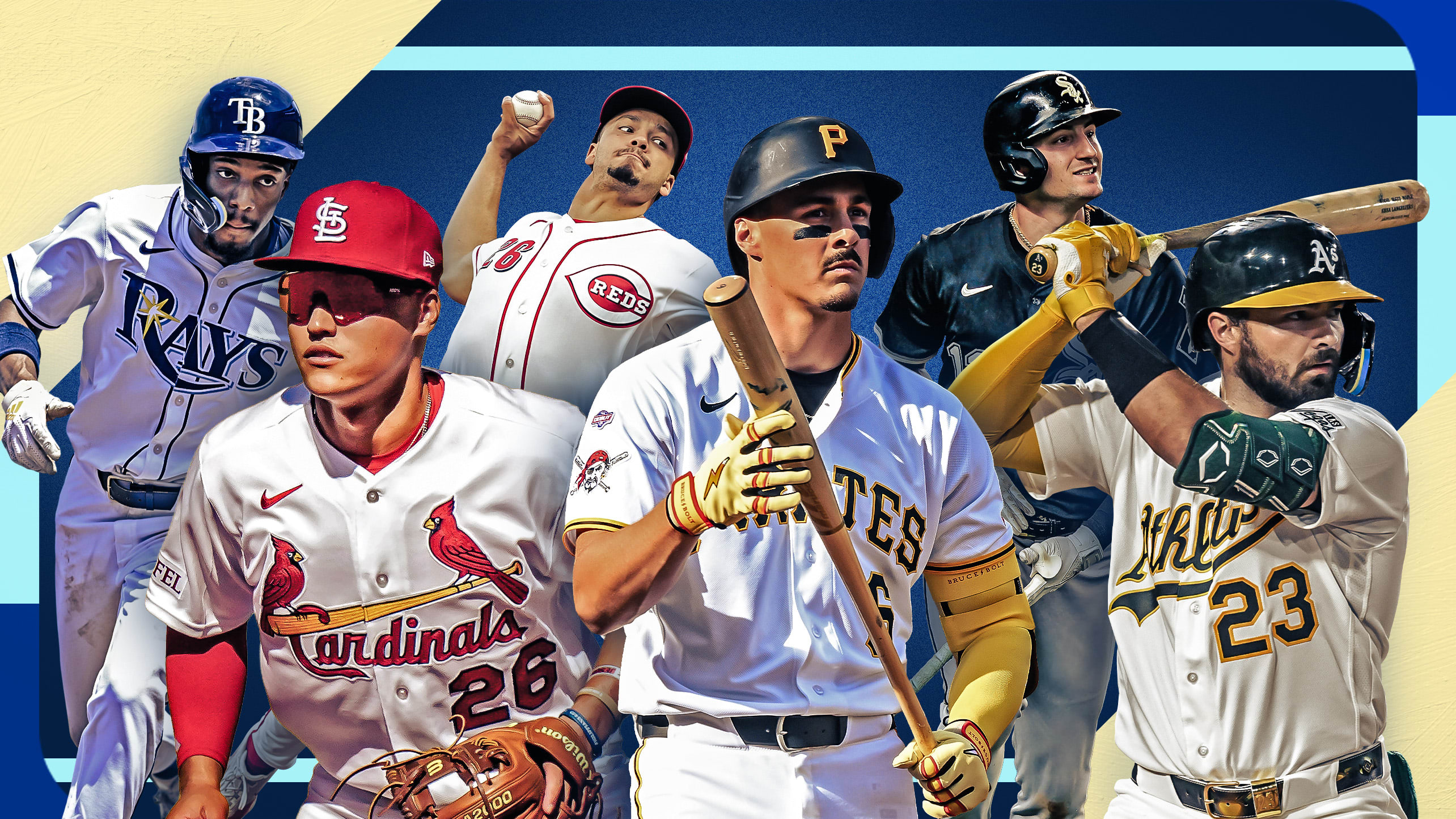 A graphic with the Rays' Chandler Simpson, the Cardinals' JJ Wetherholt, the Reds' Chase Burns, the Pirates' Konnor Griffin, the White Sox Colson Montgomery and the Athletics' Shea Langeliers 