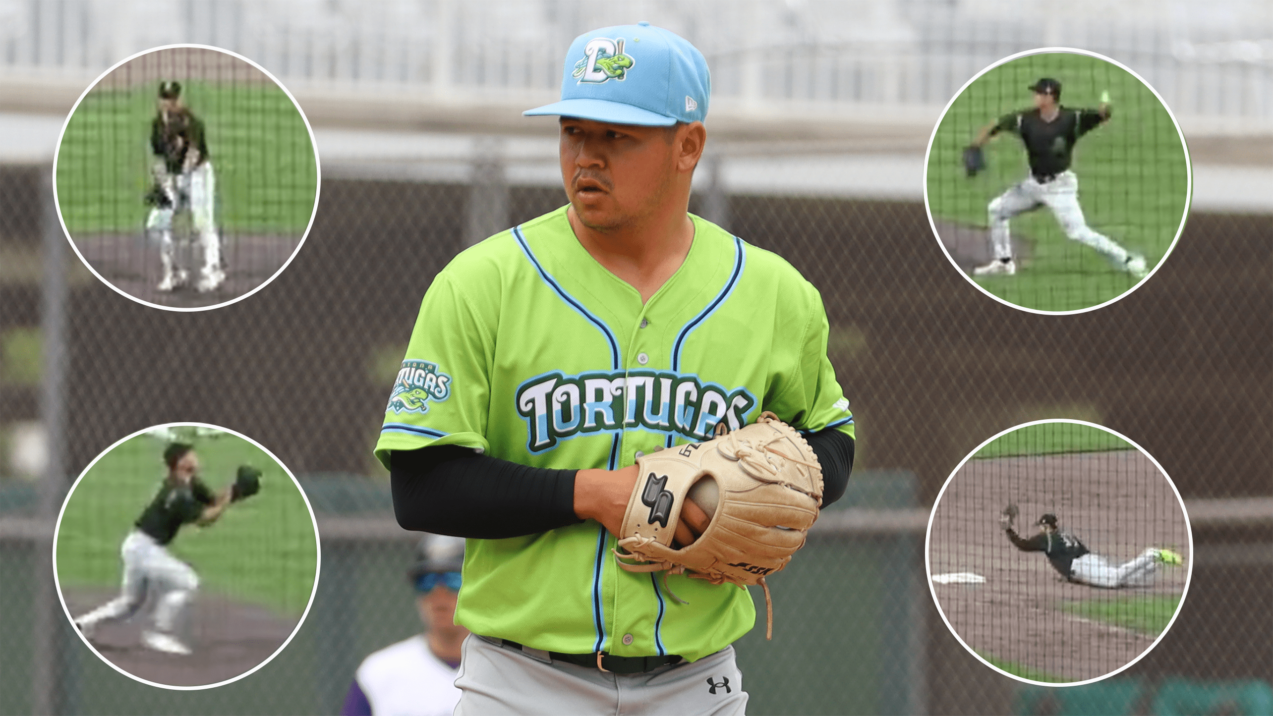 Reds prospect Jonah Hurney prepares to pitch, with four inset photos showing screengrabs from an acrobatic double play