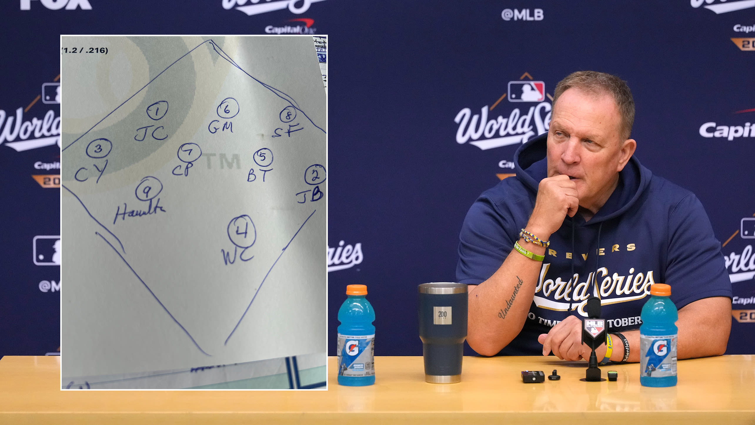 Pat Murphy with an inset of a lineup sketched on a scrap of paper