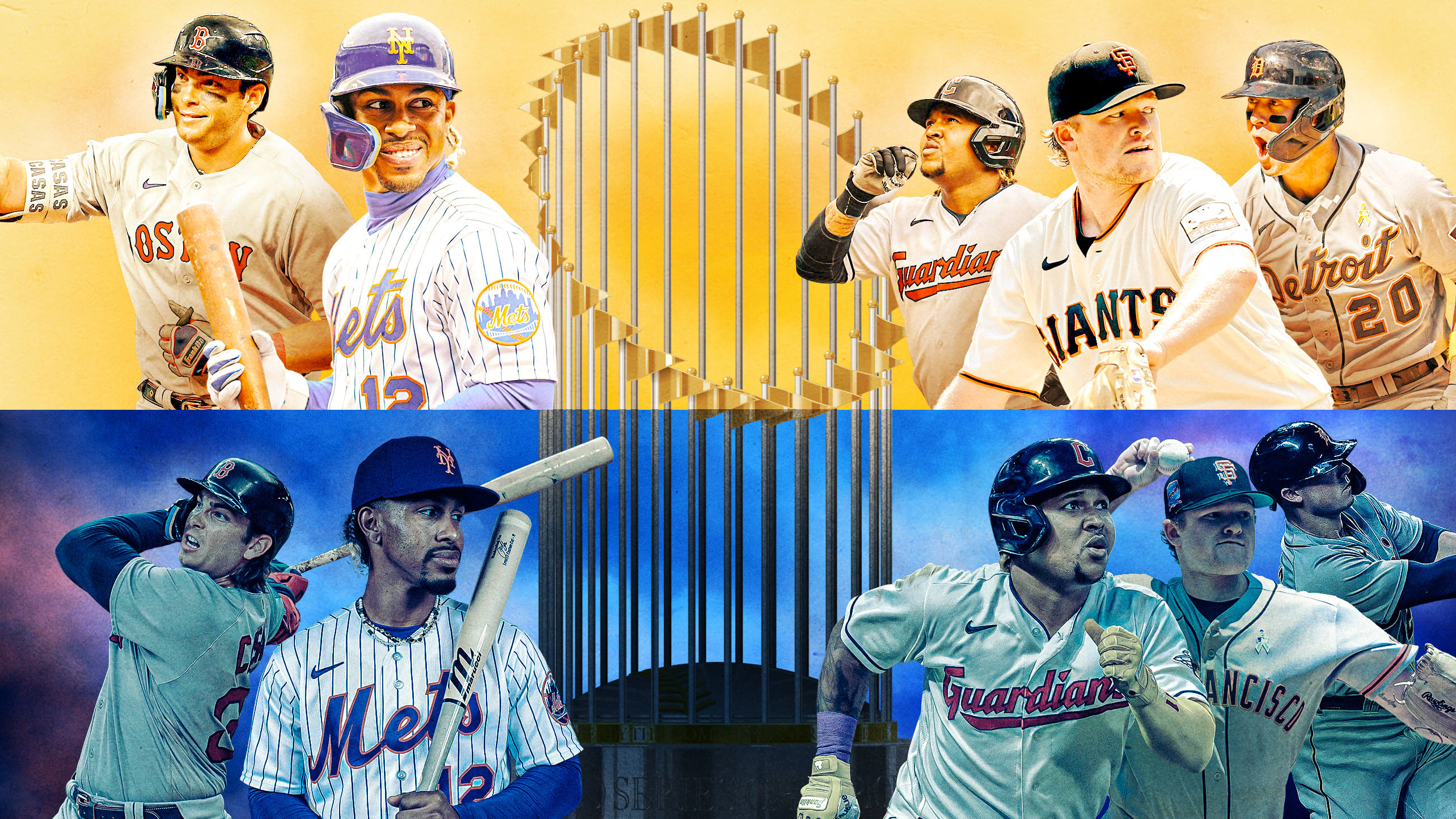 A photo illustration portrays Triston Casas, Francisco Lindor, José Ramírez, Logan Webb and Spencer Torkelson next to a World Series trophy in both darkness and light