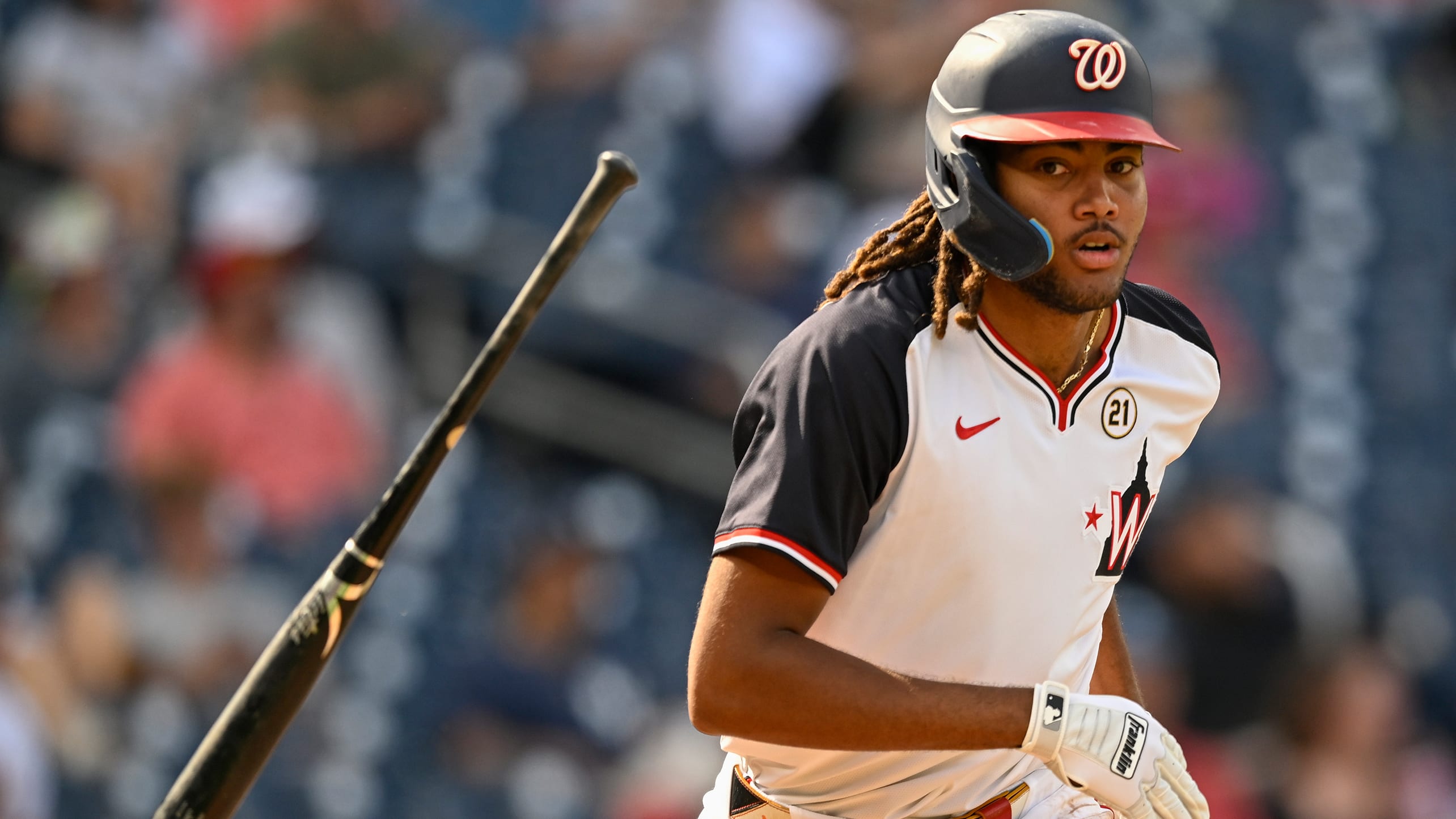 James Wood flips his bat after a home run