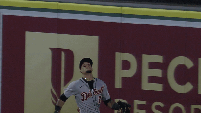 An animated gif of Javier Báez leaping high to rob a home run