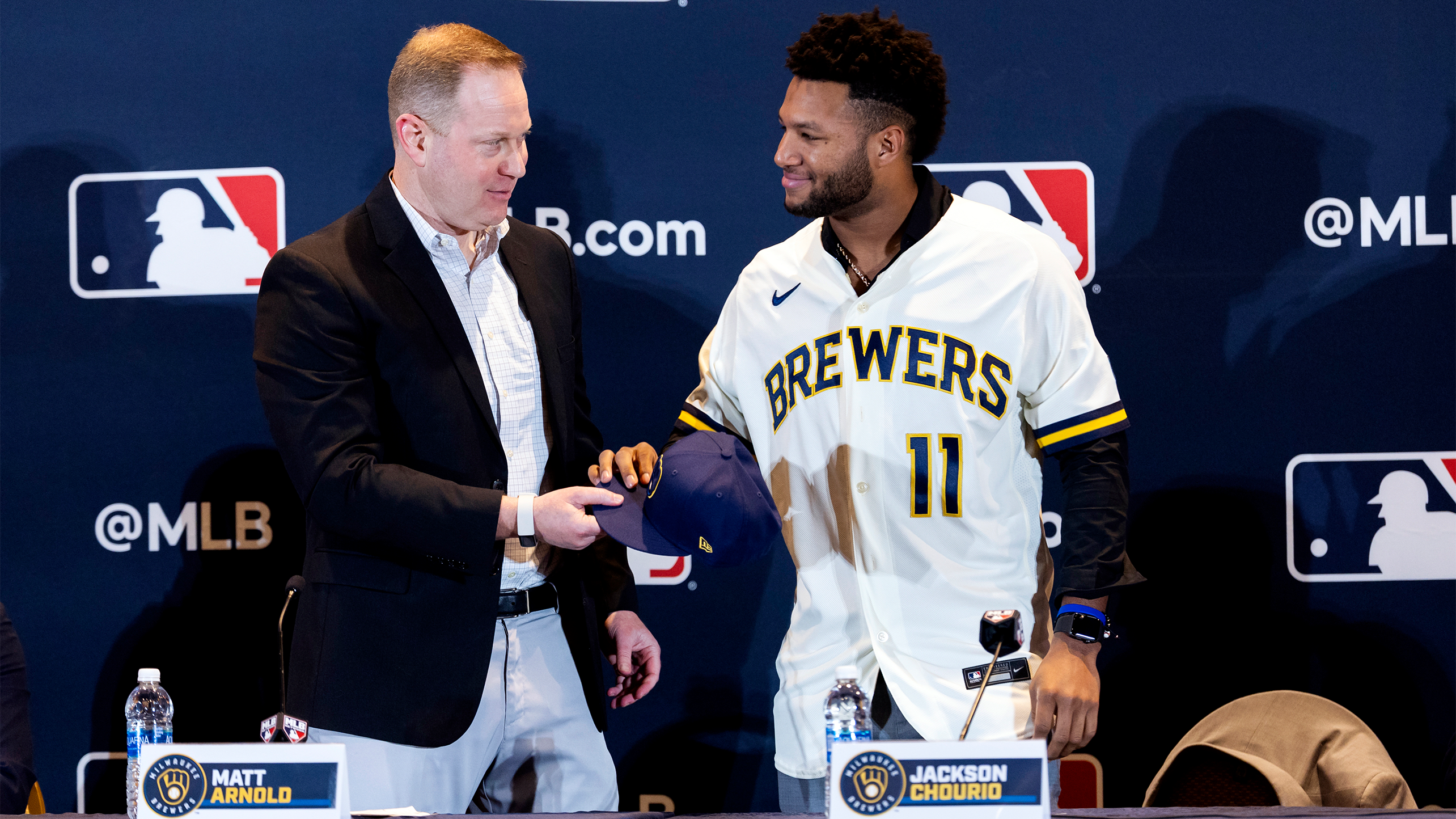 Brewers GM Matt Arnold and top prospect Jackson Chourio