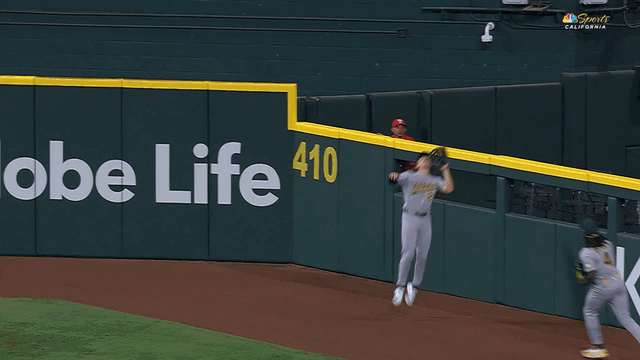 An animated gif of Zack Gelof leaping to rob a home run and falling to the warning track