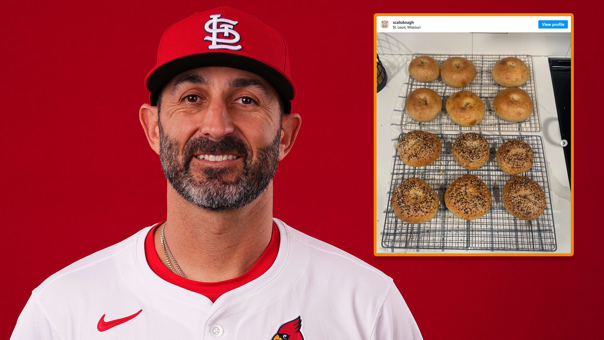 A photo of Daniel Descalso with an inset of his homemade bagels