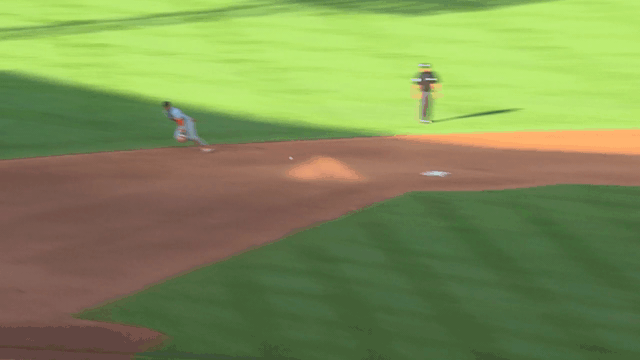 An animated GIF of Javier Báez making a diving stop.