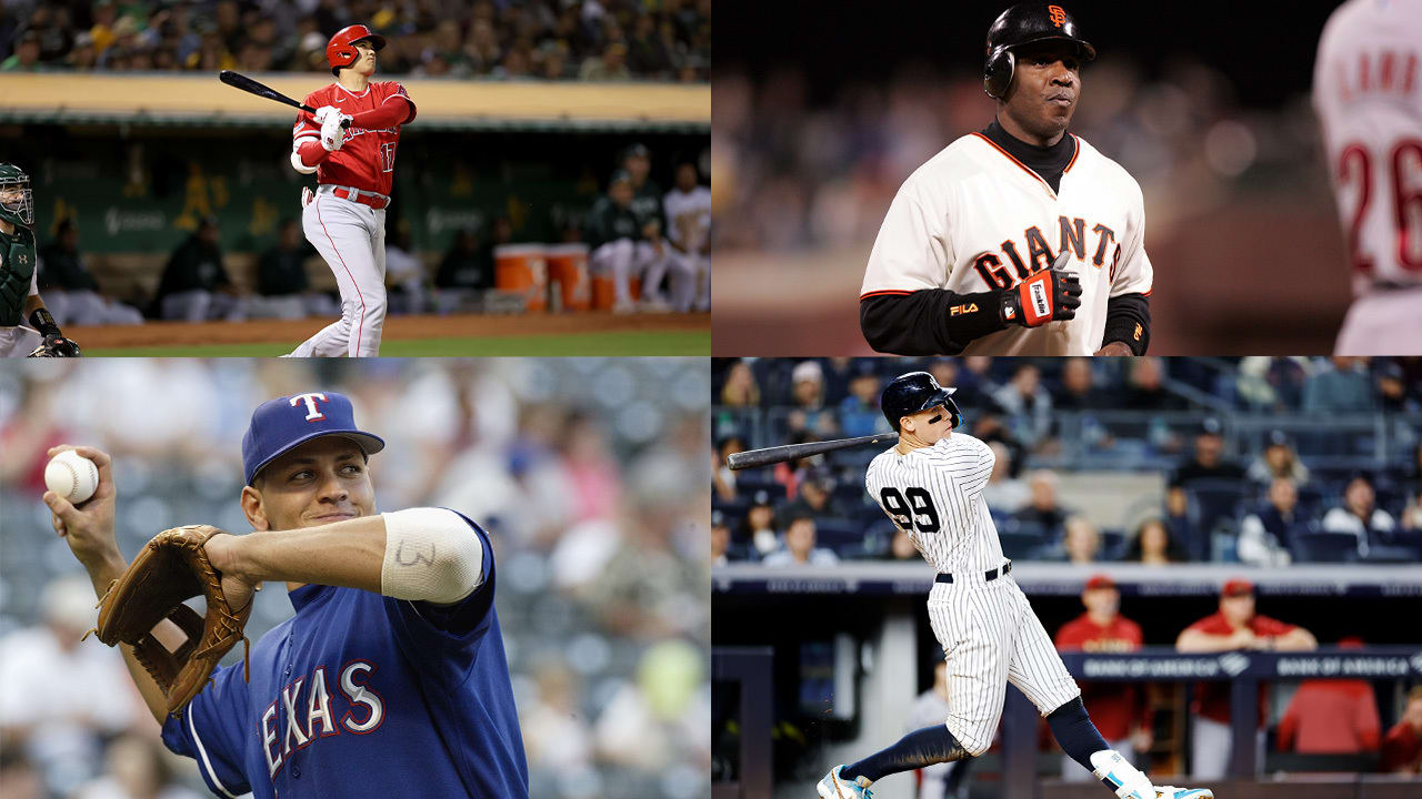 A split photo of Shohei Ohtani, Barry Bonds, Alex Rodriguez and Aaron Judge