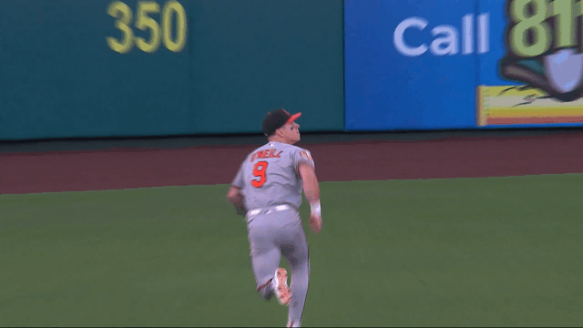 An animated gif of Tyler O'Neill making a diving catch in deep right field