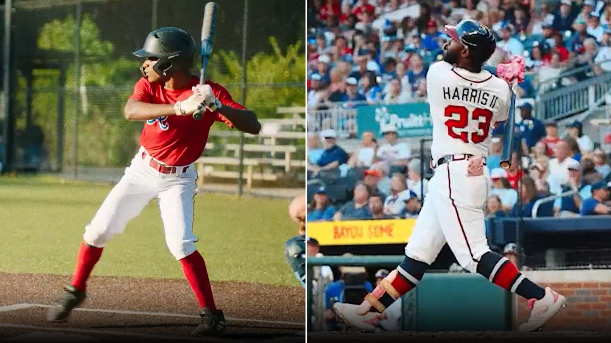 Images of Michael Harris II as a prep player at Gresham Park and a Major Leaguer at Truist Park