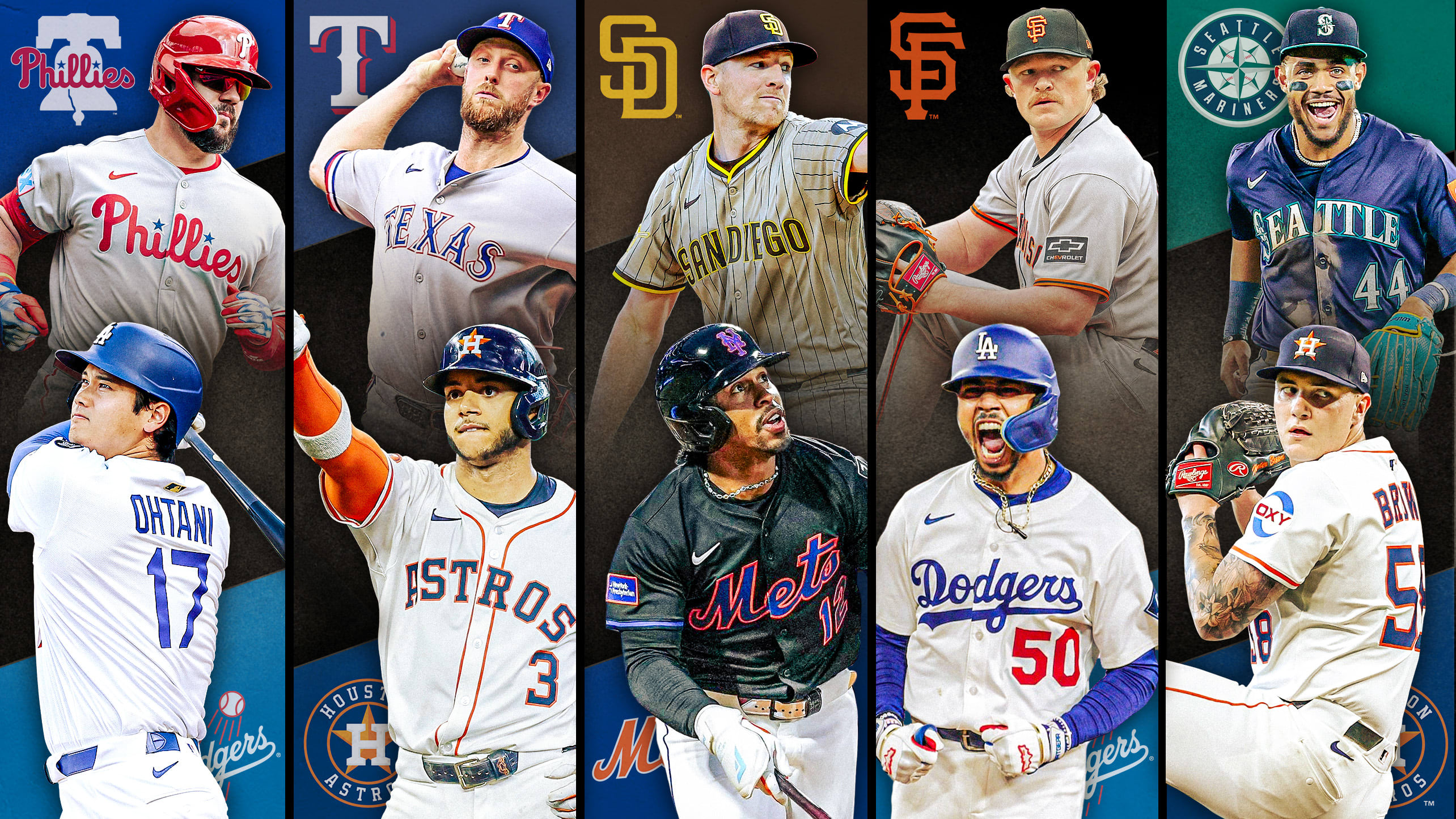 Images of 10 players with their team logos behind them, representing 5 series to watch this week