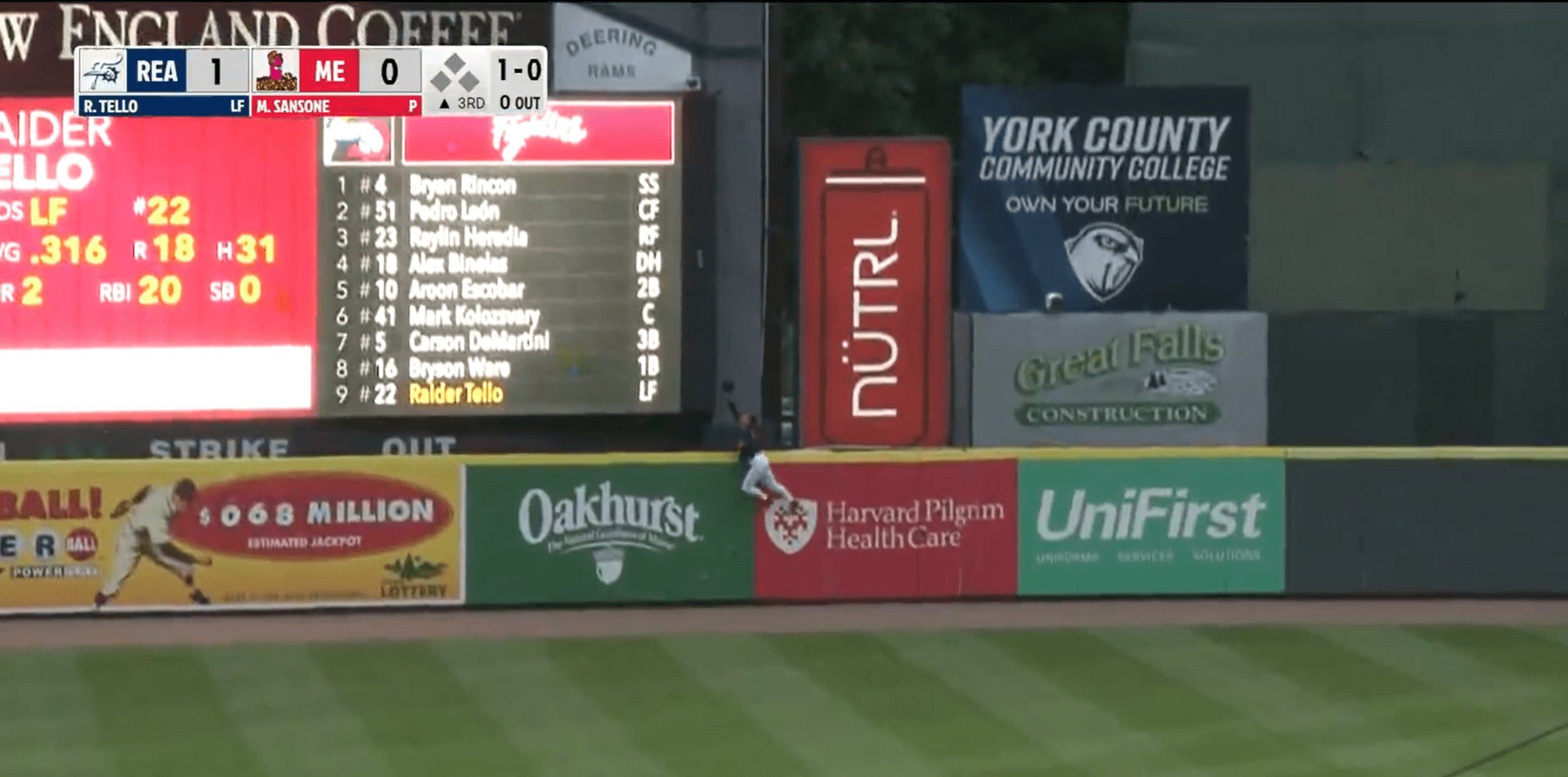 A screen grab of Will Turner robbing a home run