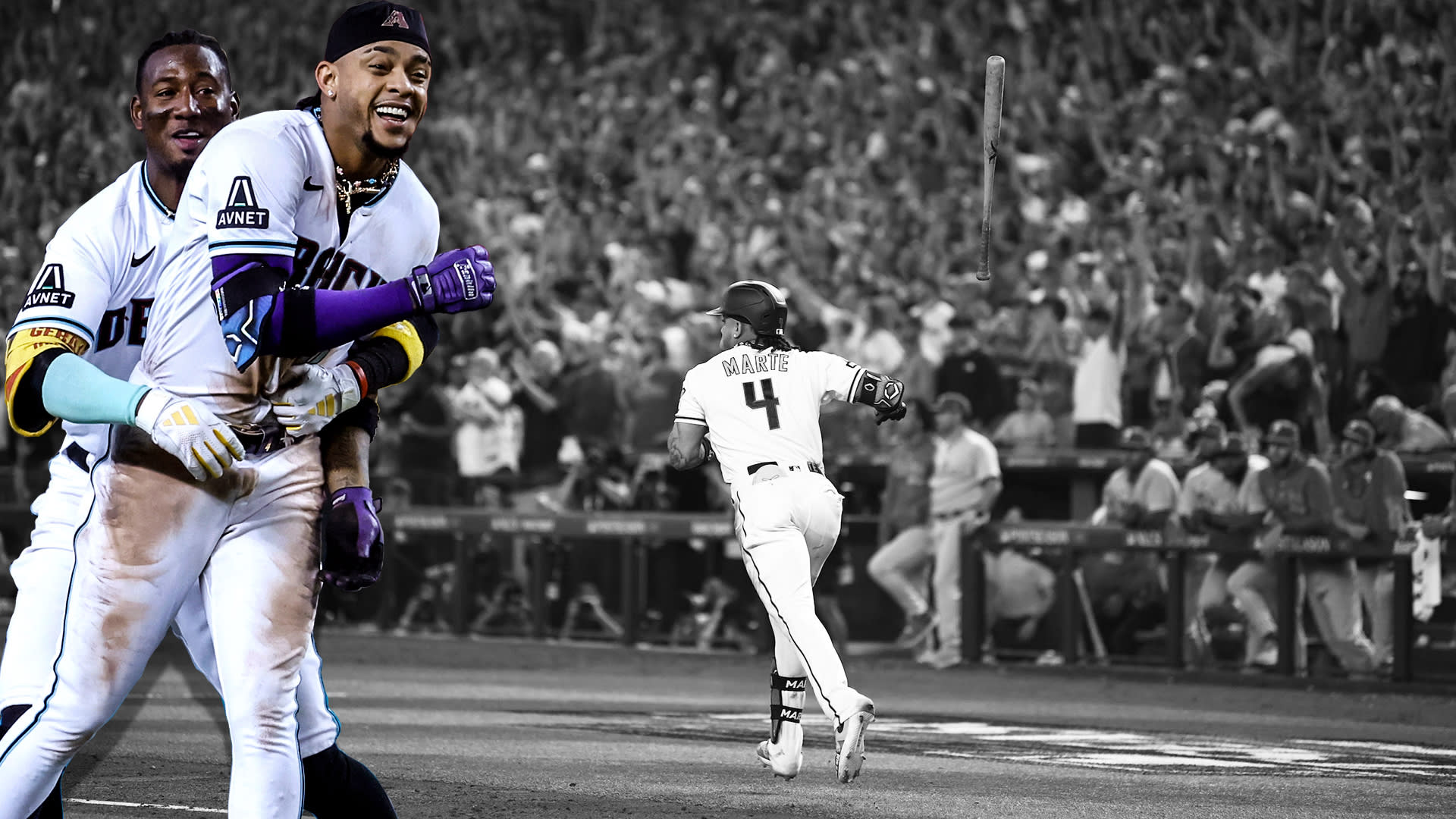 Ketel Marte celebrates his walk-off hit in front of an image of him tossing his bat aside