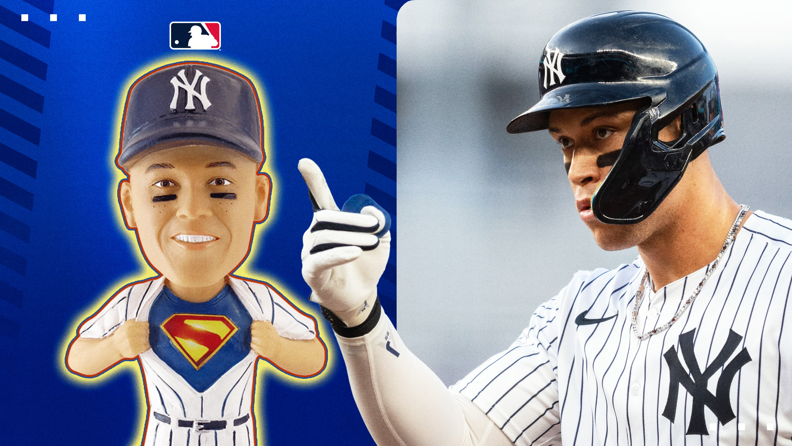 The Aaron Judge Superman bobblehead side-by-side with the man himself