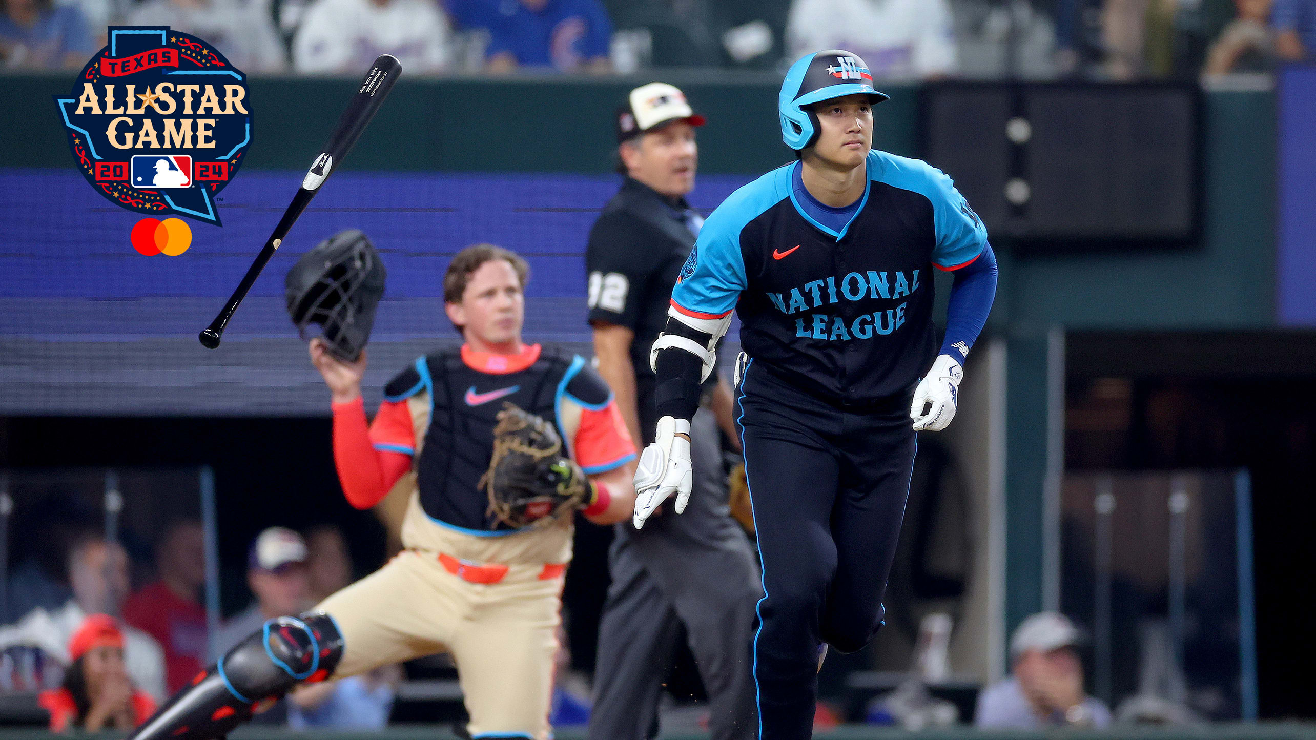 Shohei Ohtani flips his bat after hitting his first All-Star Game home run