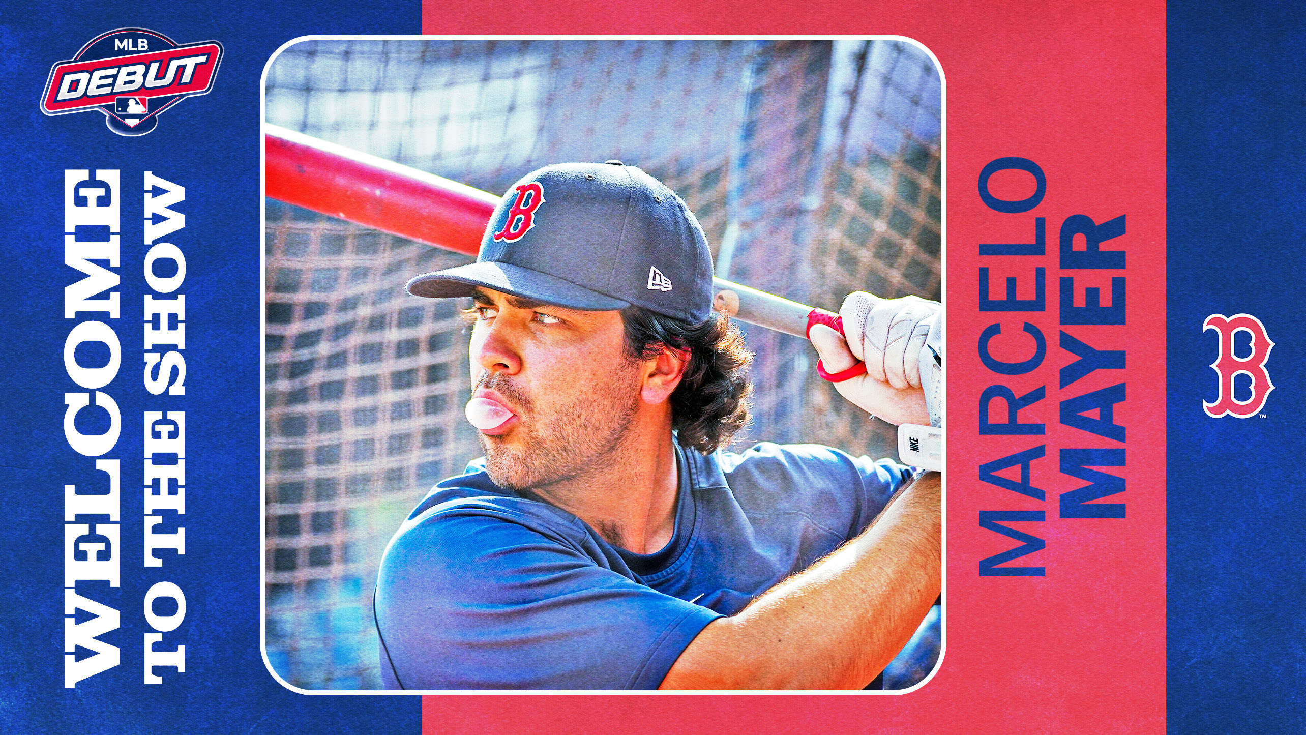 An MLB debut graphic for Marcelo Mayer showing an image of him taking batting practice