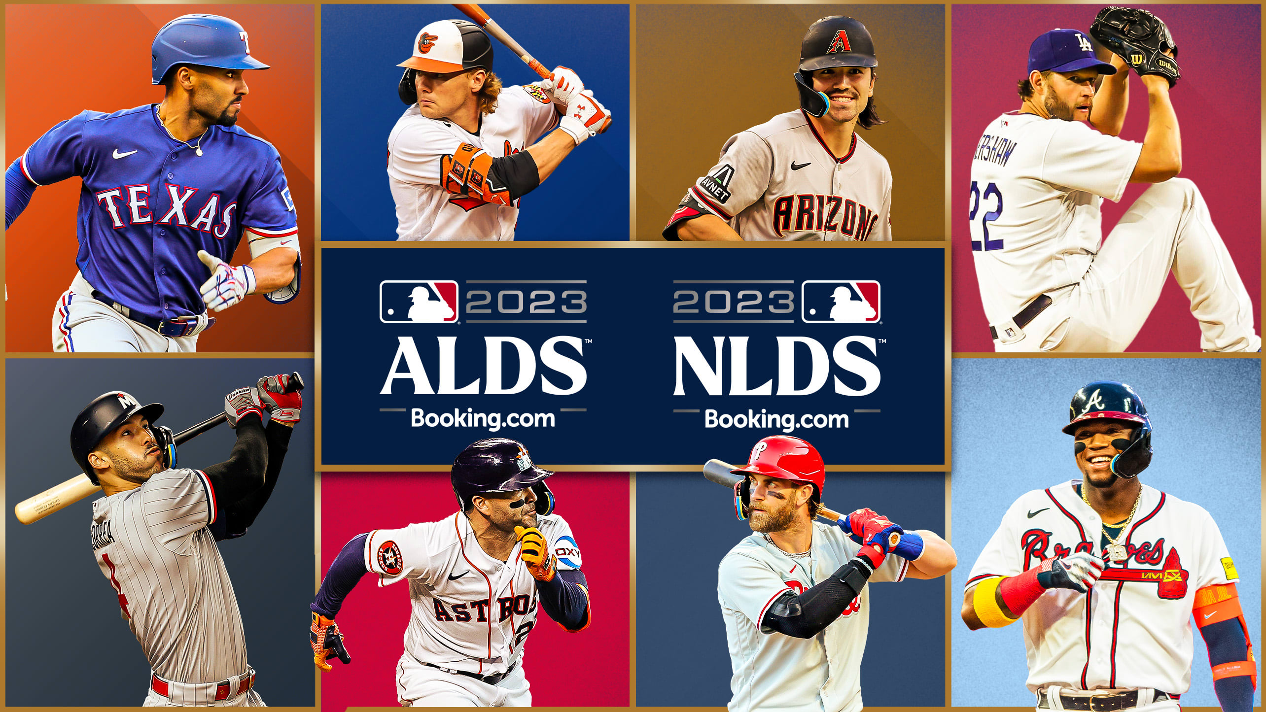 A photo illustration featuring 8 players, one for each of the teams in the Division Series