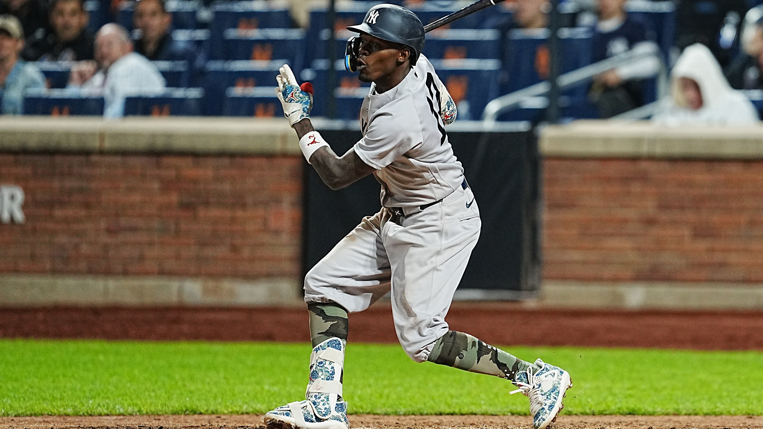 Jazz Chisholm Jr. wearing baggy pants he borrowed from Giancarlo Stanton