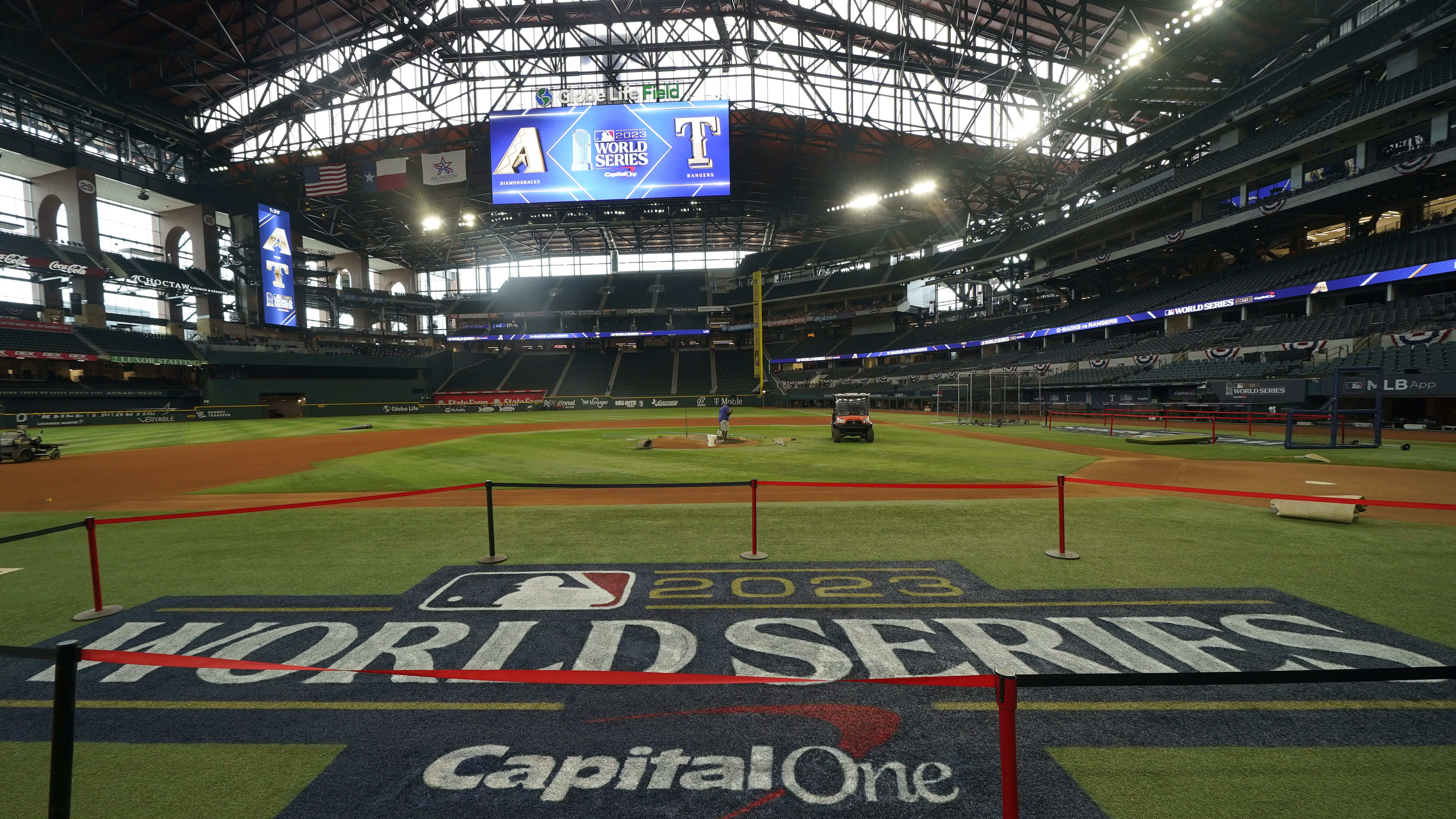 A shot of the 2023 World Series logo on the artificial grass at Globe Life Field