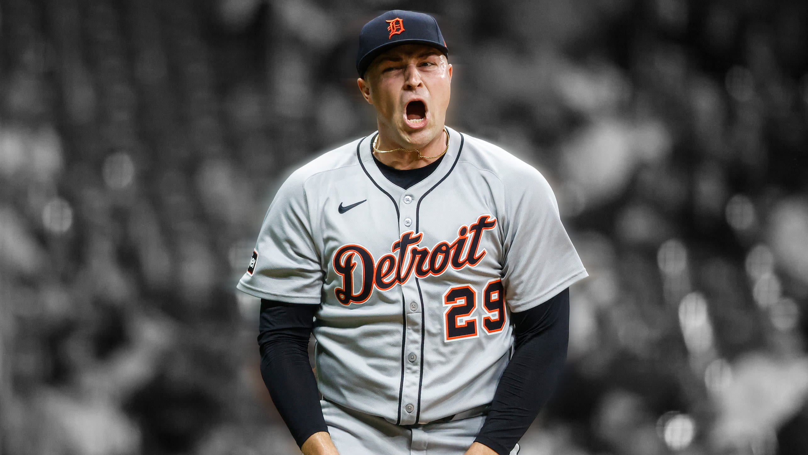 Tigers pitcher Tarik Skubal lets out a yell after a big strikeout