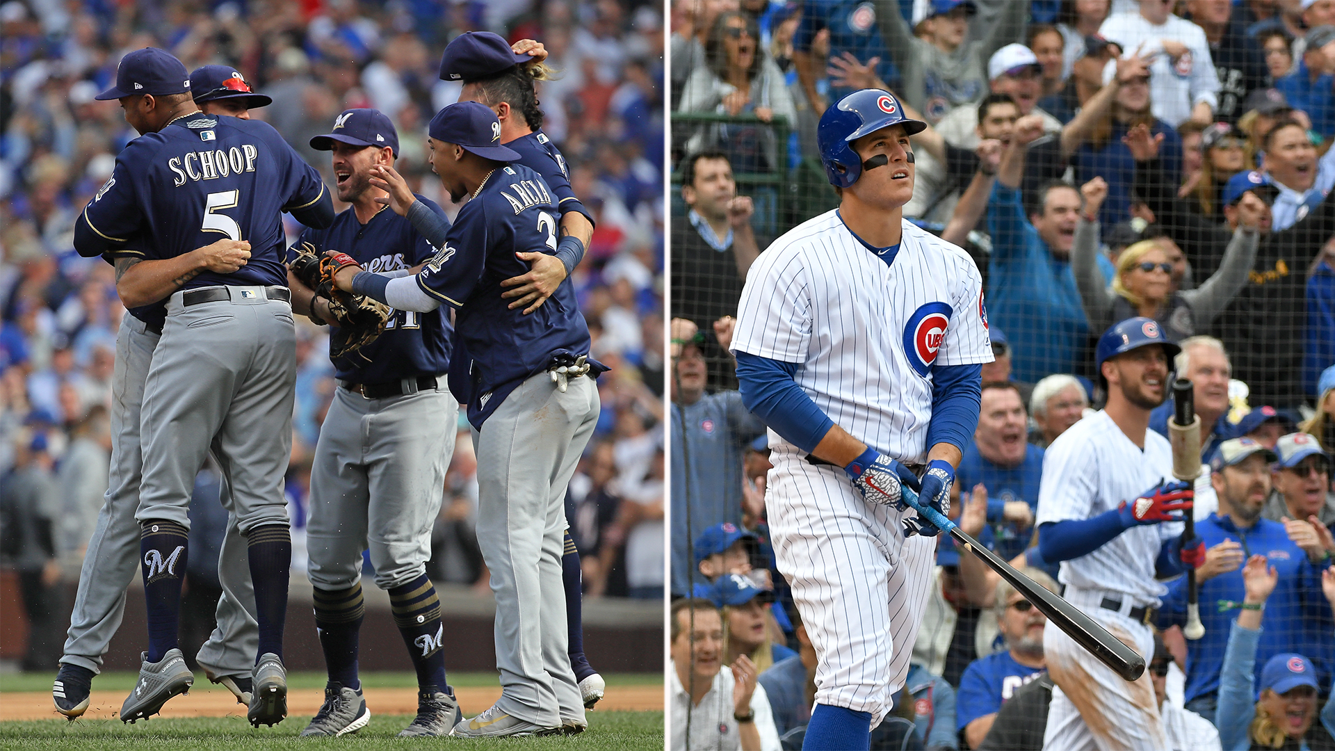 A split photo of the Brewers celebrating and Anthony Rizzo watching the flight of a home run