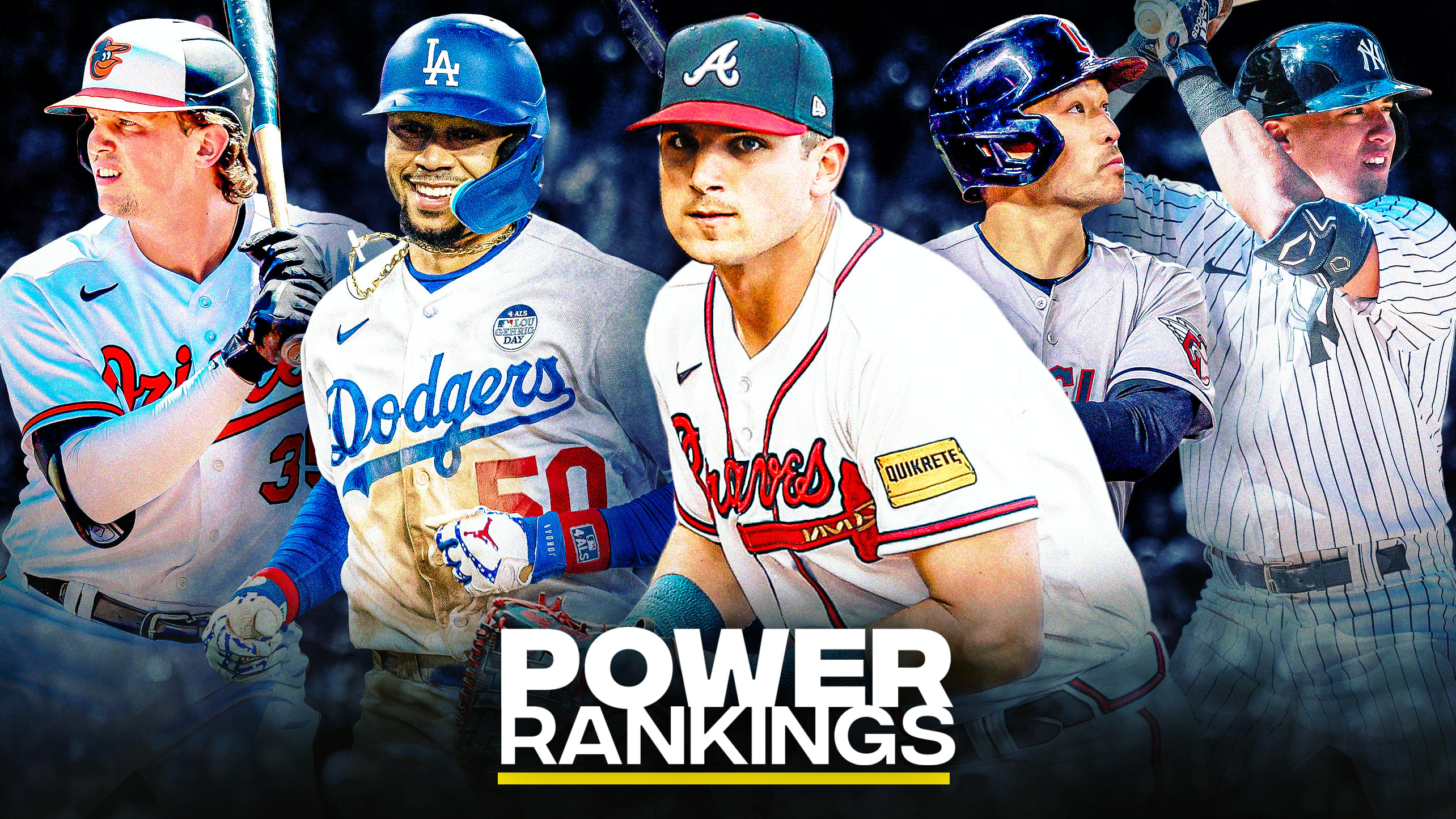 Adley Rutschman, Mookie Betts, Austin Riley, Steven Kwan and Anthony Volpe with the Power Rankings logo