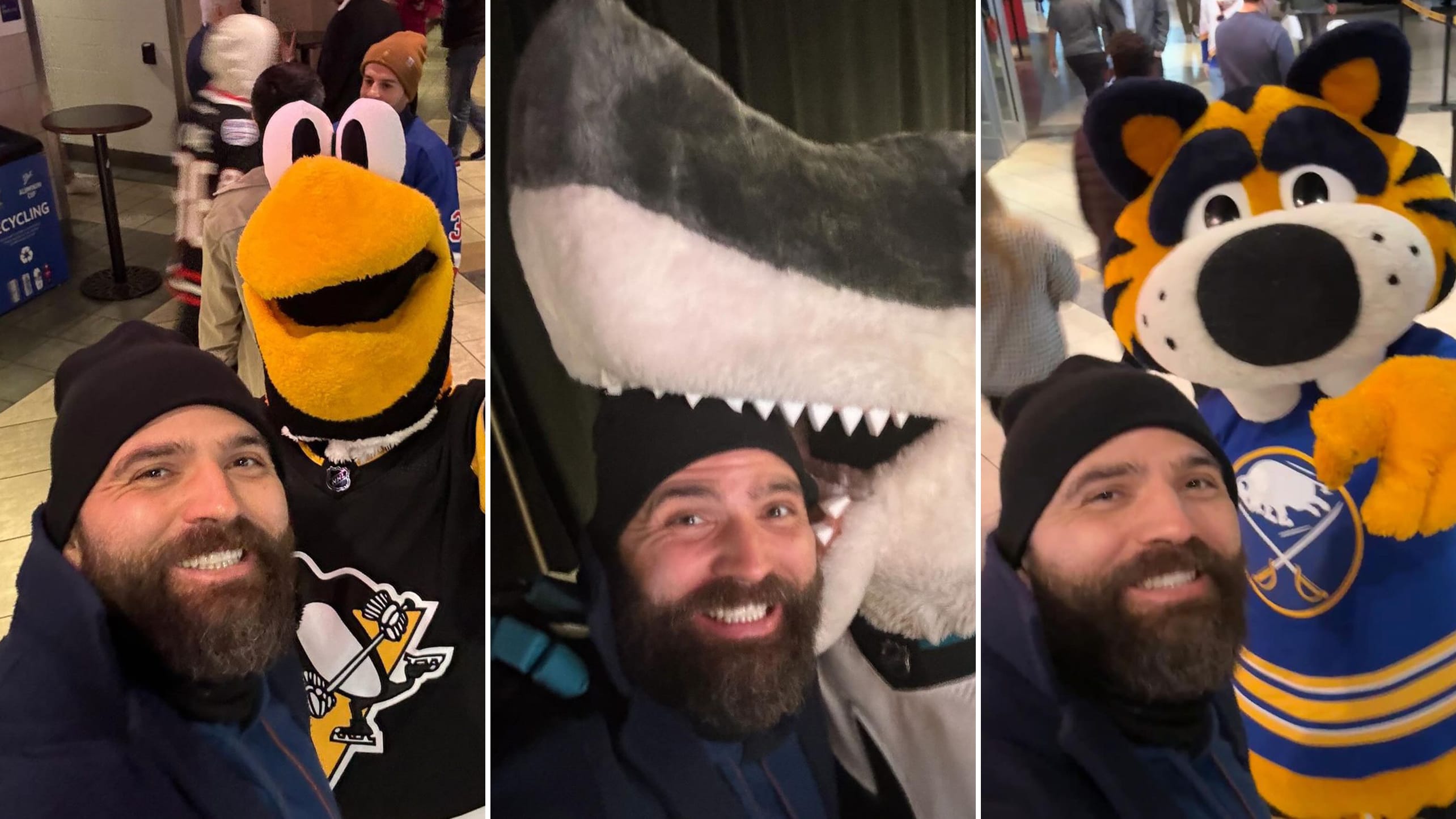 Joey Votto poses for photos with NHL mascots