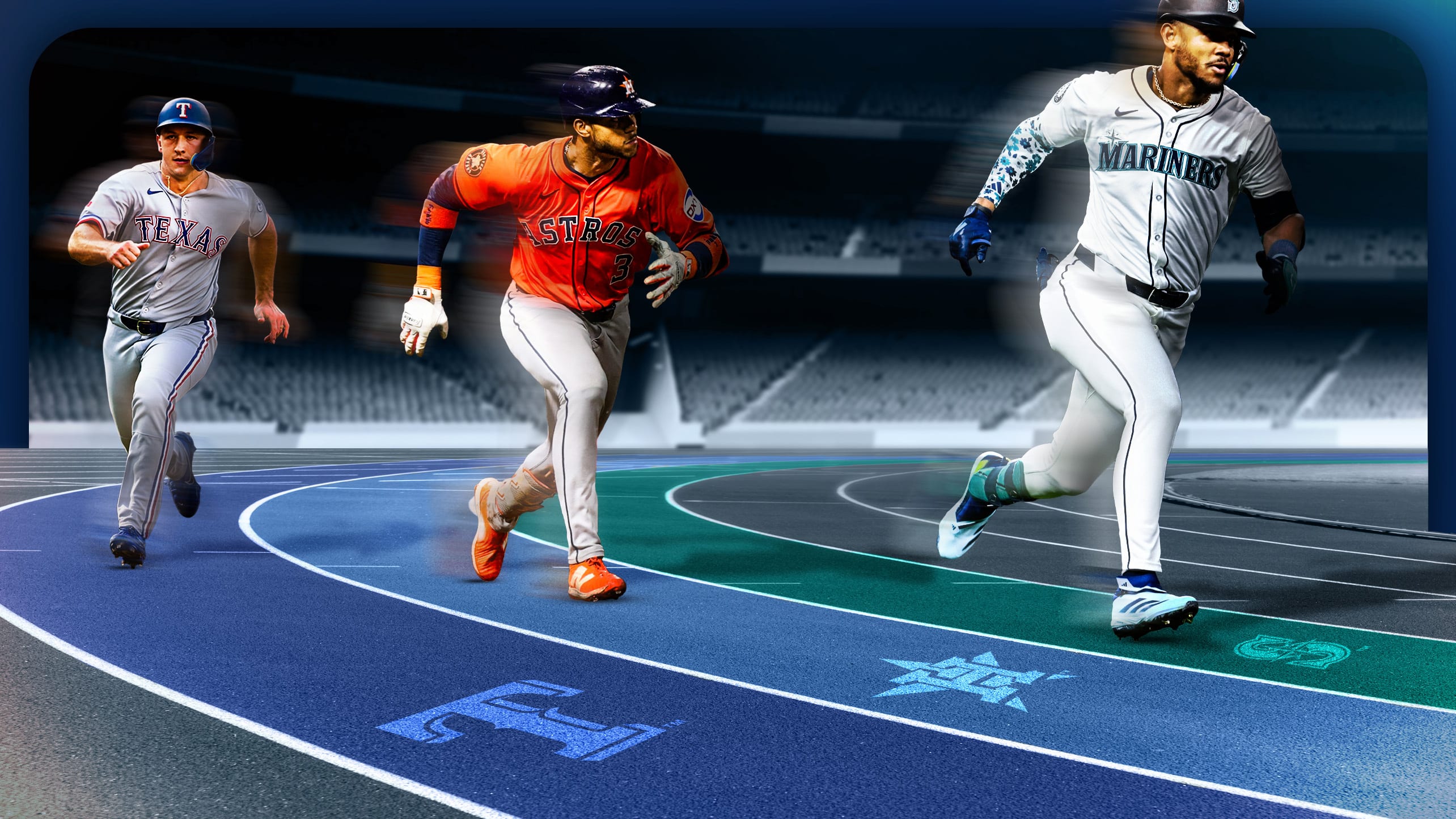 Wyatt Langford, Jeremy Peña and Julio Rodríguez on a race track