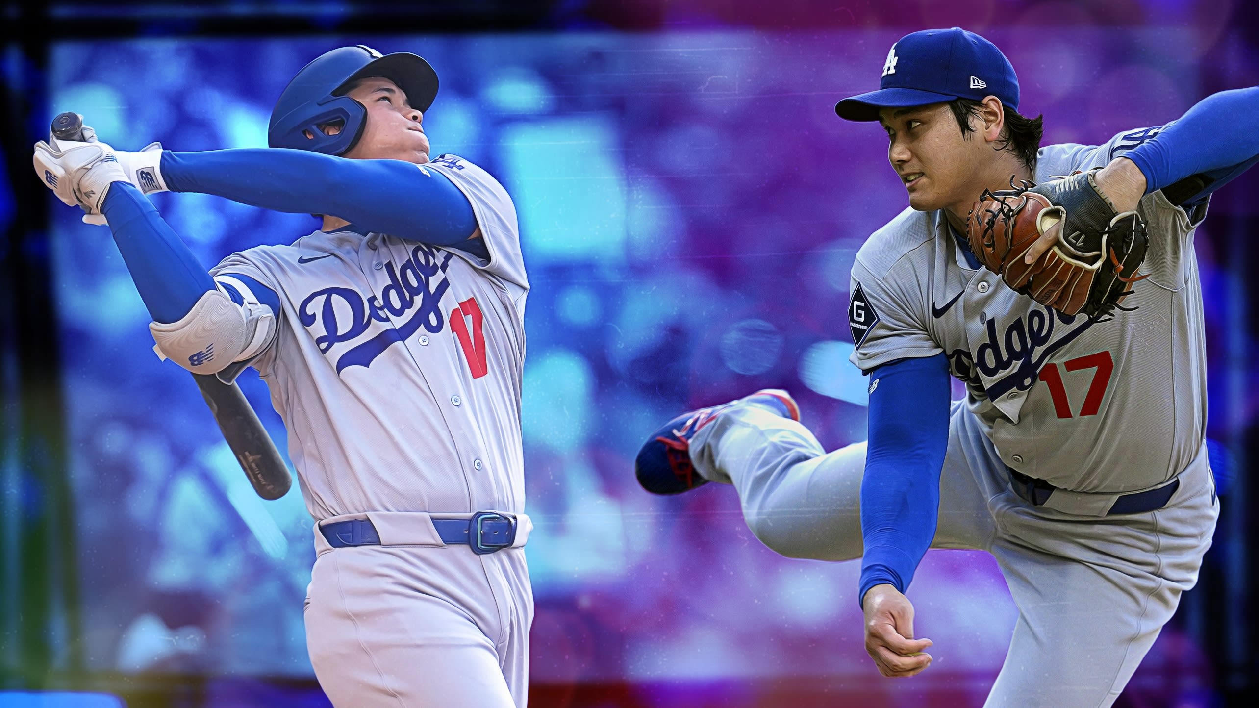 Images of Shohei Ohtani hitting and pitching