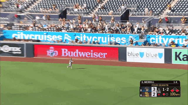 An animated gif of Luis Lara leaping to make an over-the-shoulder catch on the warning track