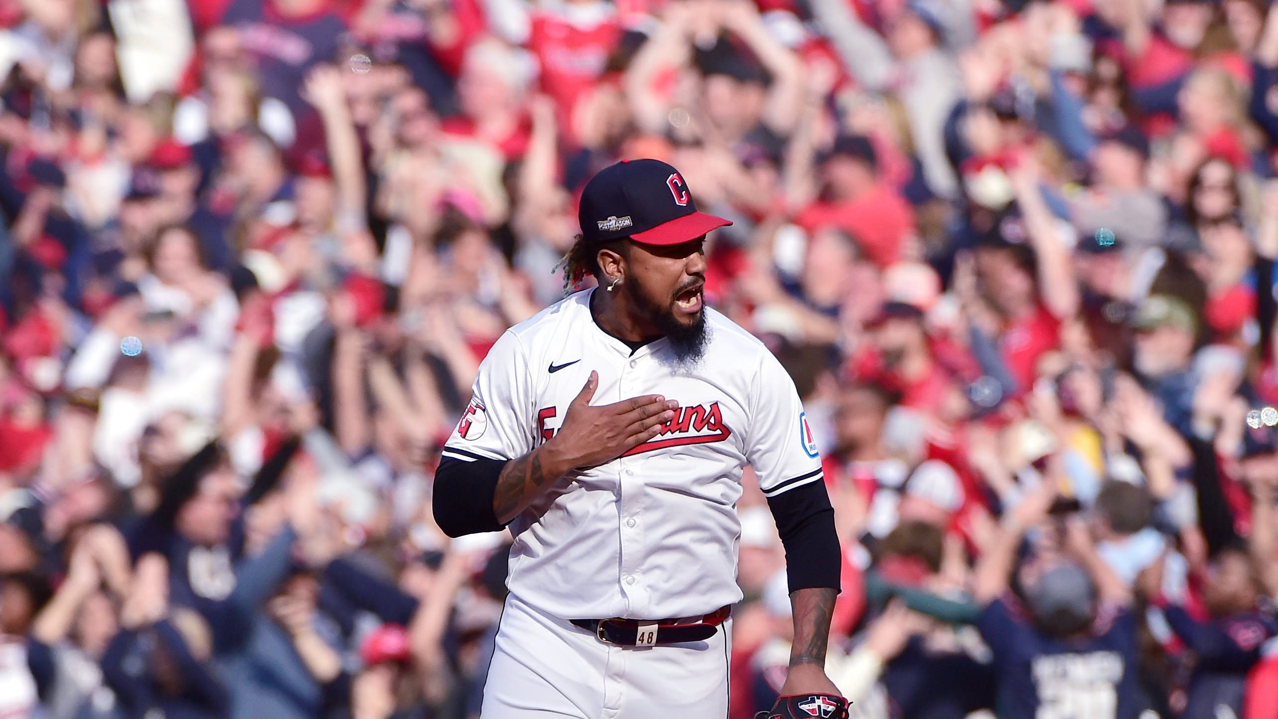 Emmanuel Clase celebrates after the final out