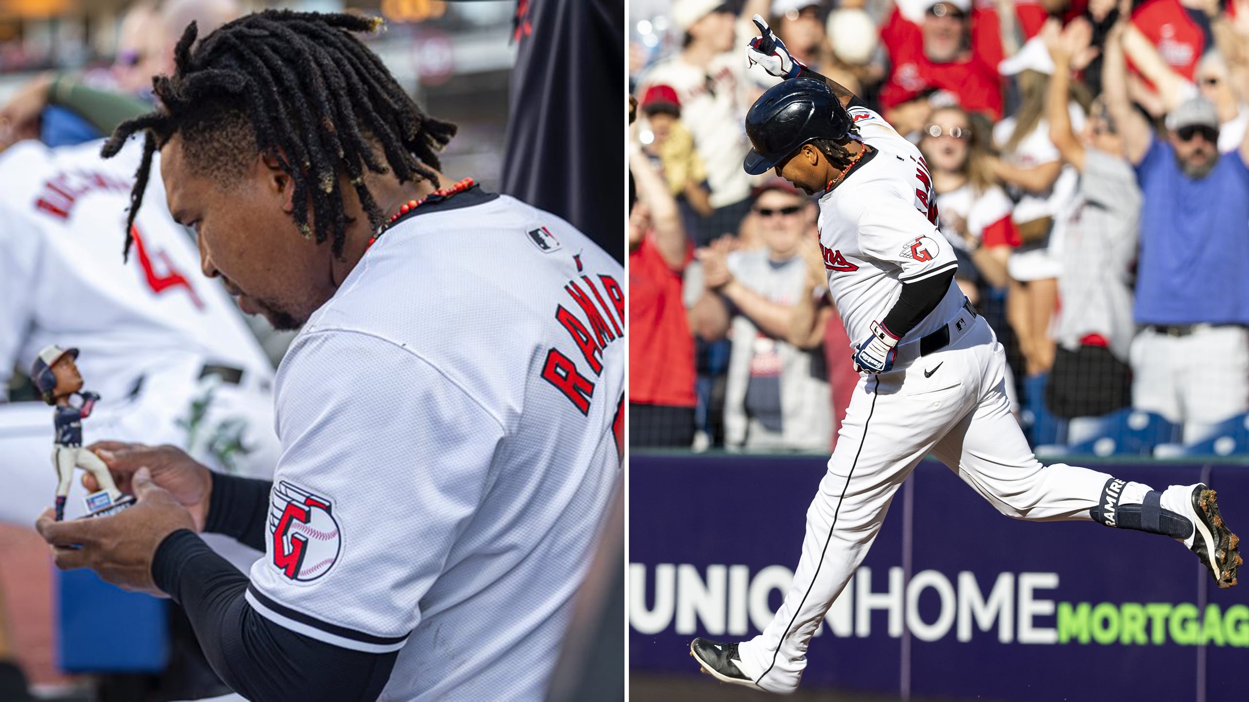 A split photo of José Ramírez with his bobblehead and rounding the bases