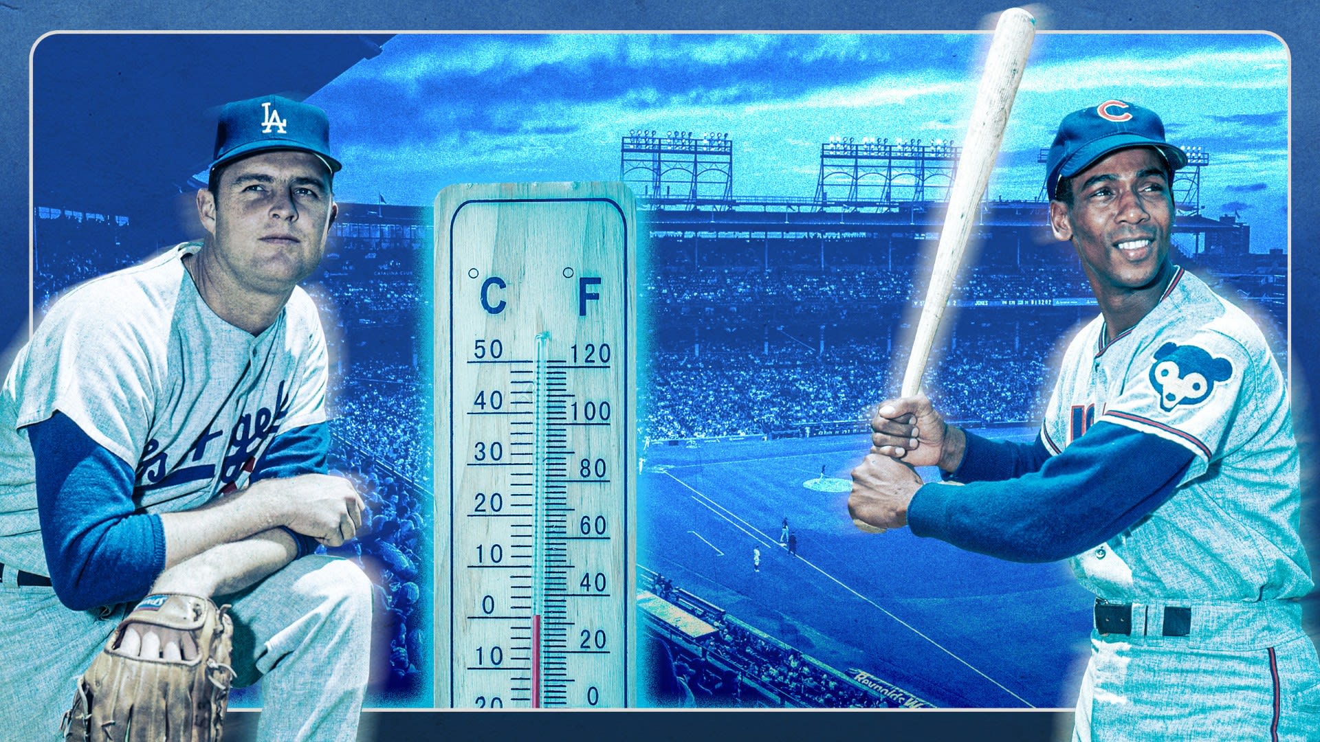 Images of Don Drysdale and Ernie Banks with a thermometer and Wrigley Field in the background