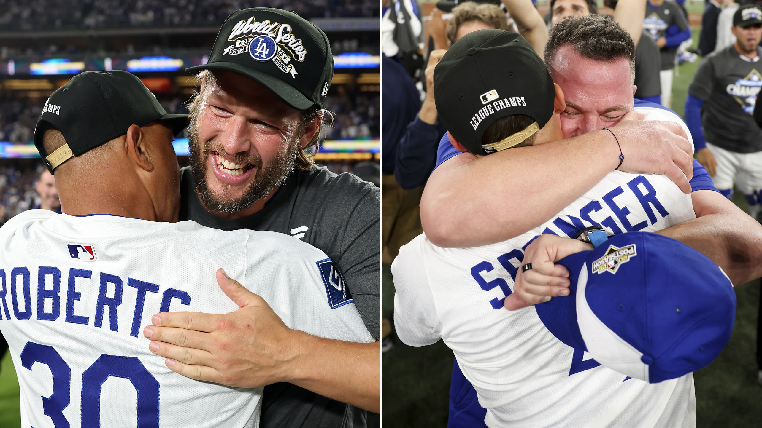 Clayton Kershaw hugs Dave Roberts; John Schneider hugs George Springer