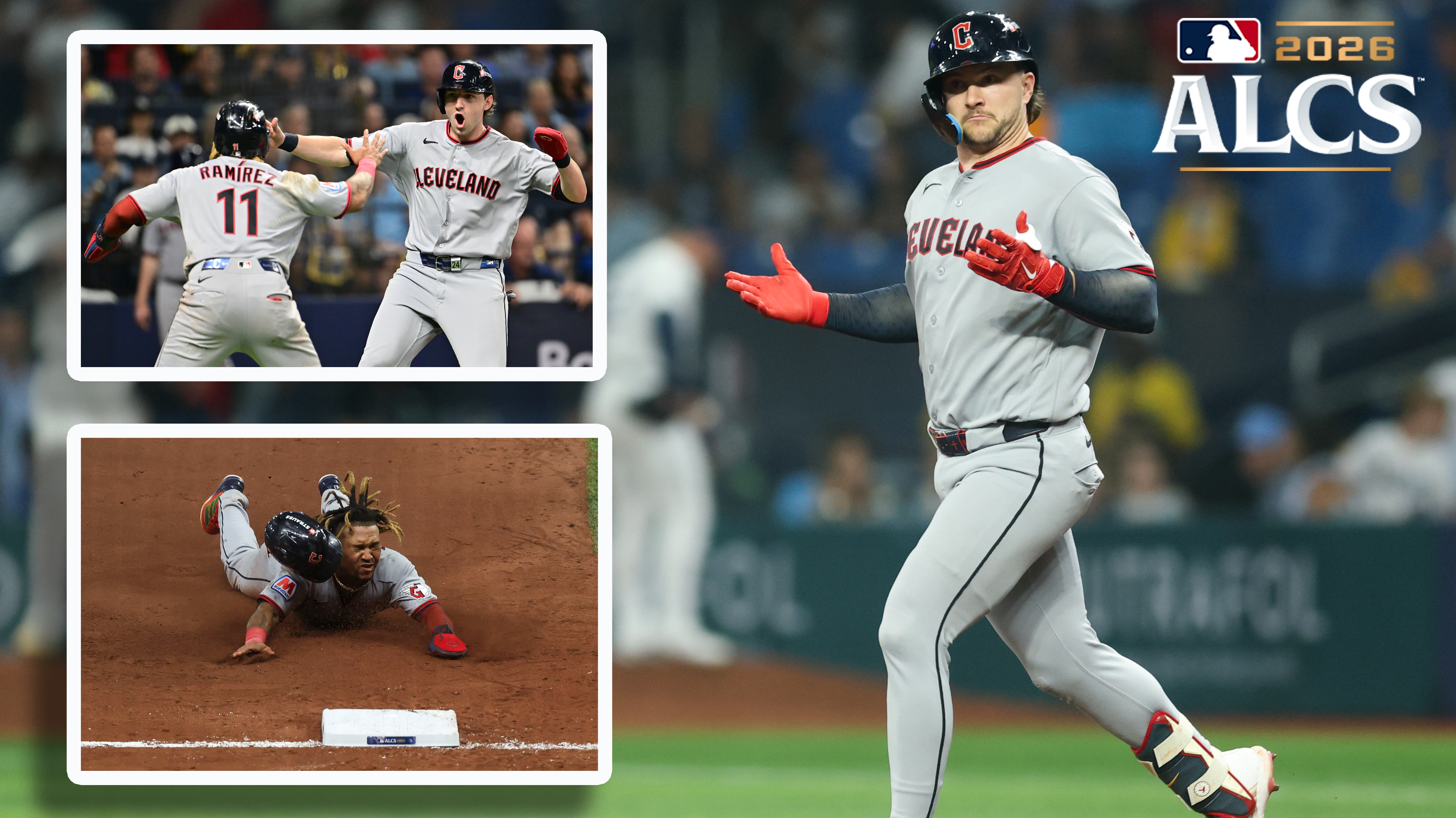 Images of José Ramírez, Chase DeLauter and Patrick Bailey