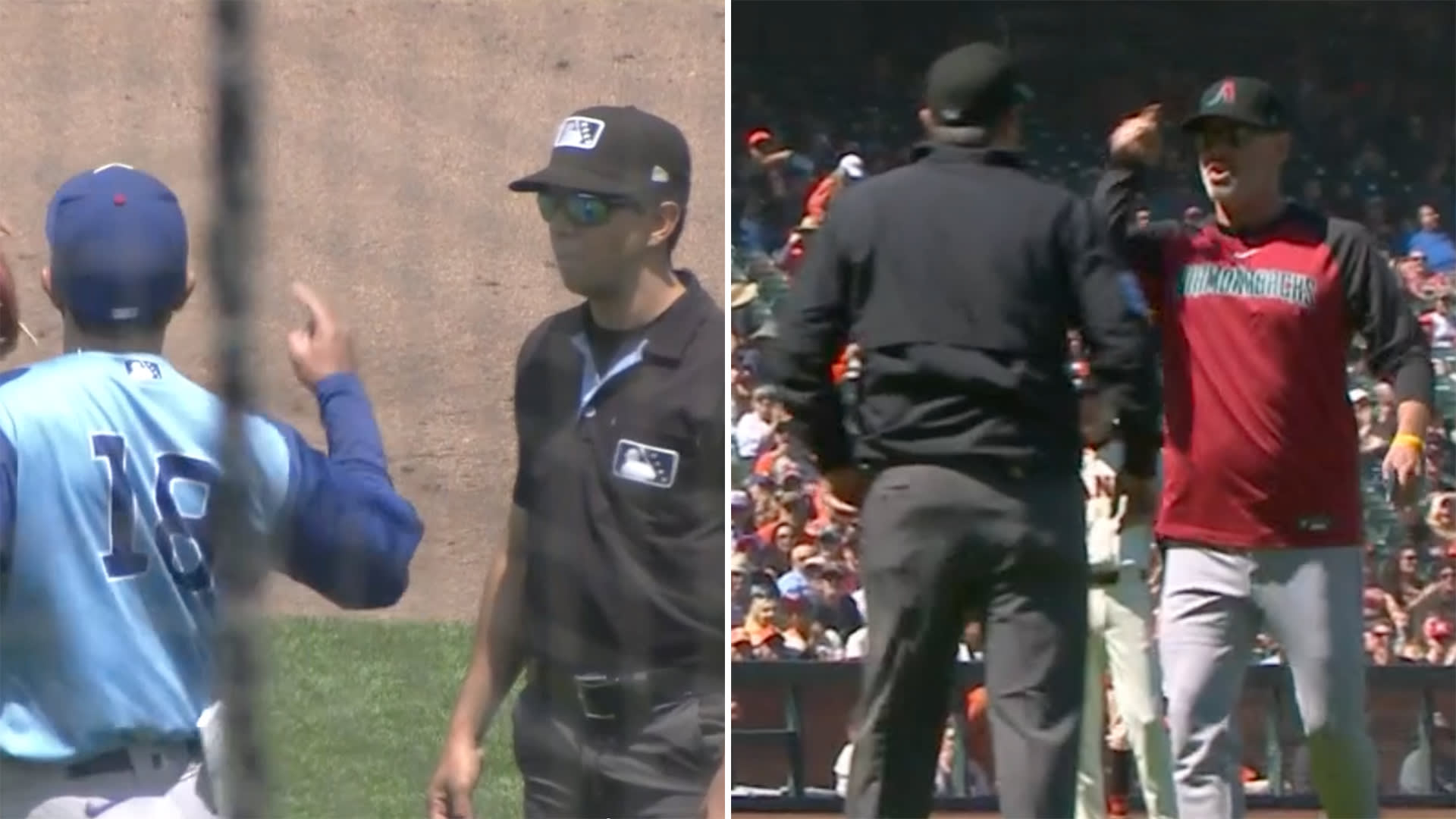 Screengrabs of Nick and Torey Lovullo arguing with umpires