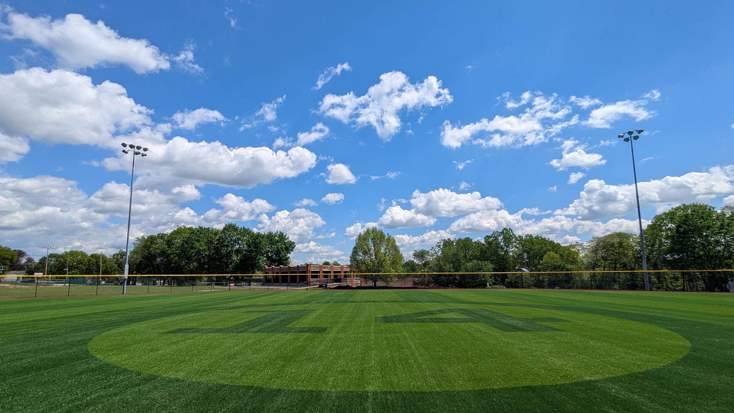 The number 14 is part of the turf at the new Larry Doby Field